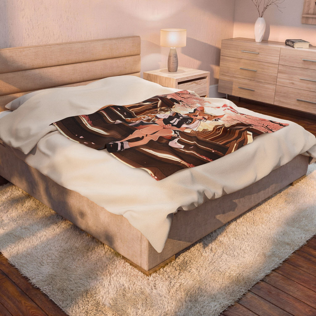 Anime Schoolgirl and Tabby Cat at Cherry Blossom Shrine Throw Blanket