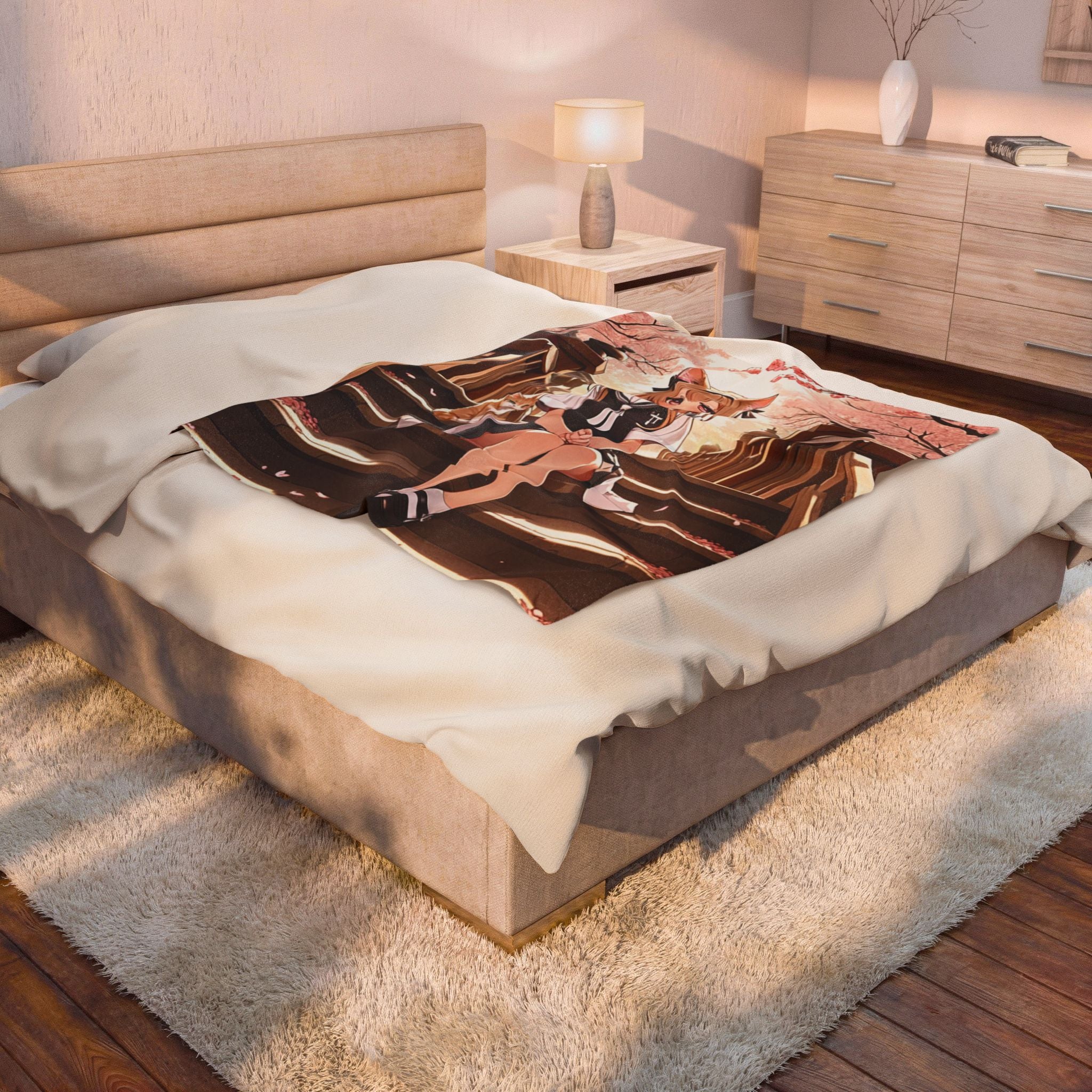 Anime Schoolgirl and Tabby Cat at Cherry Blossom Shrine Throw Blanket