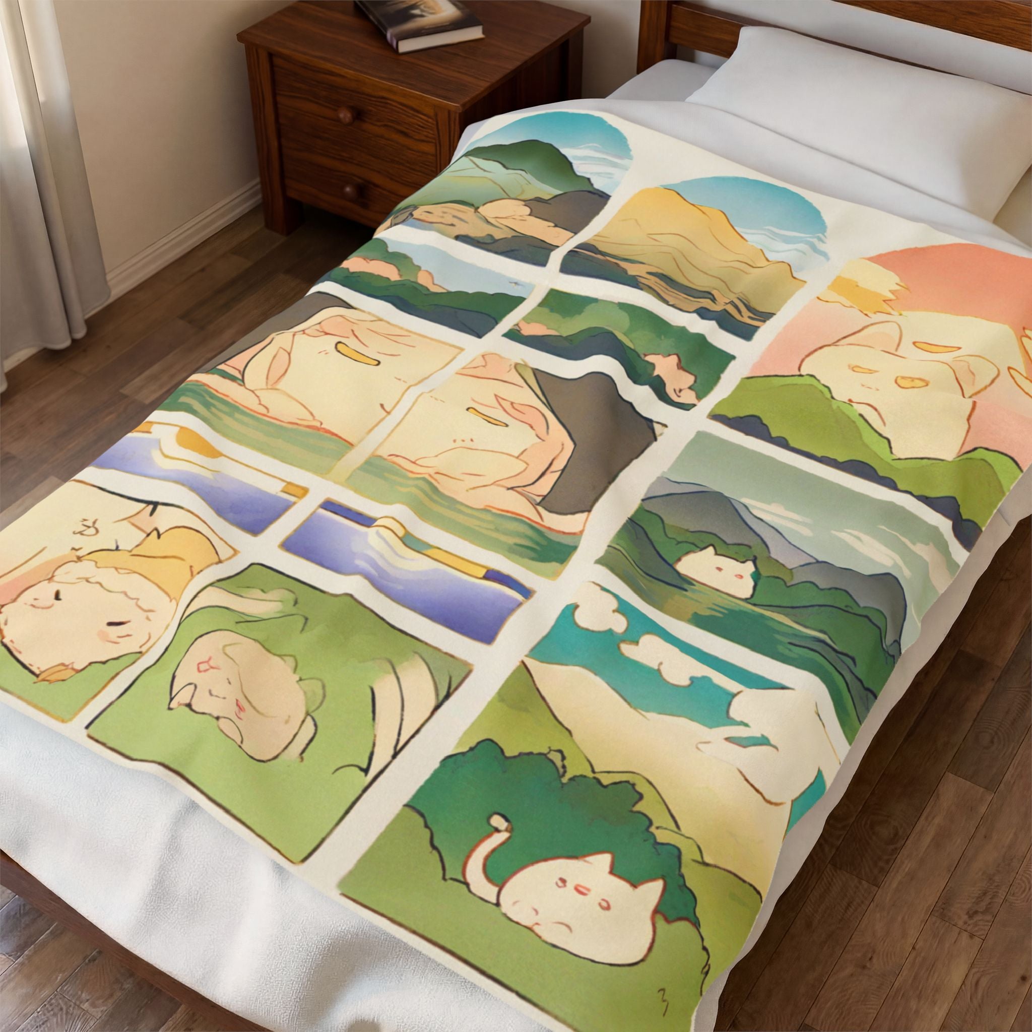 Mountain Onsen Cat and Traveler Resting Throw Blanket