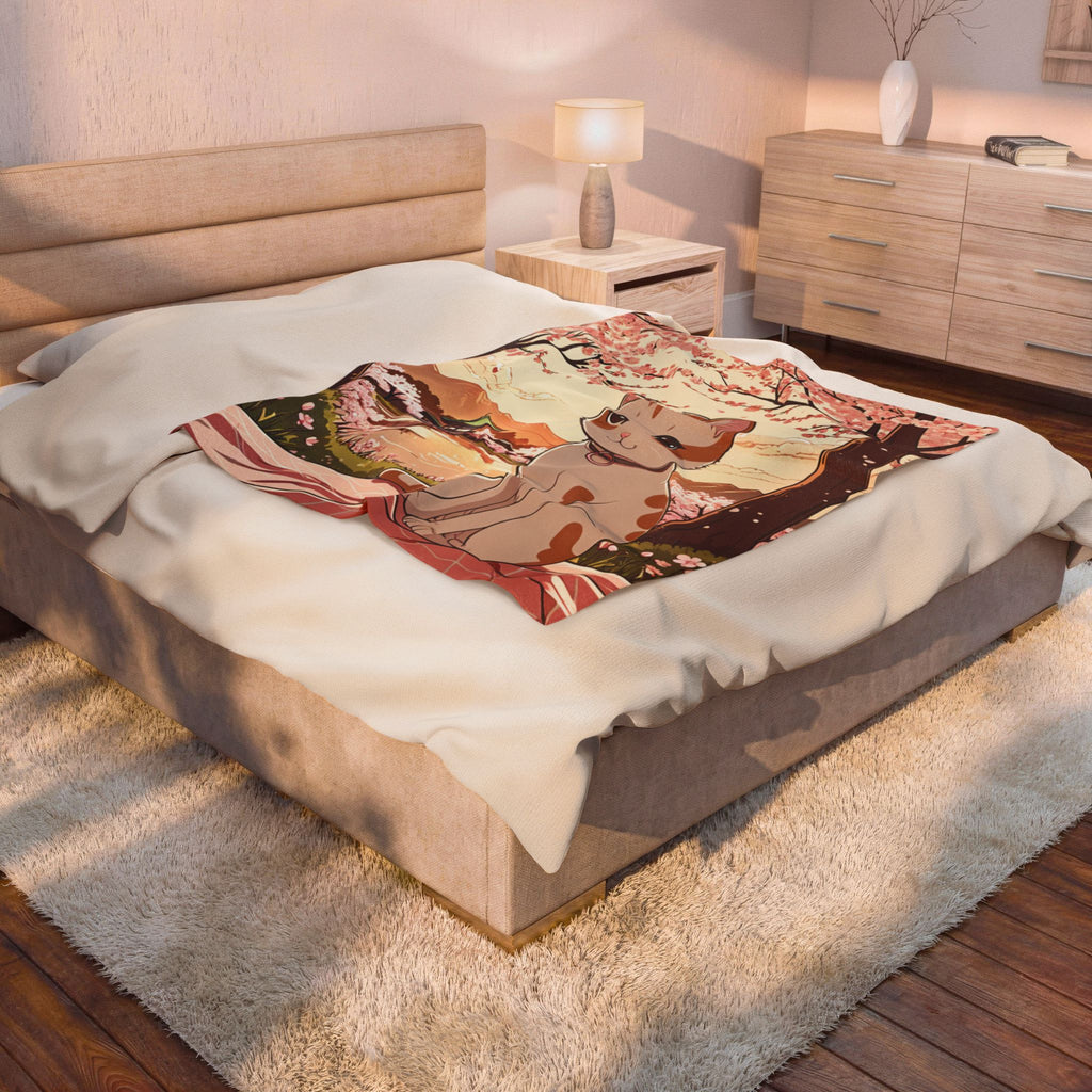 Cherry Blossom Hanami Cat Velveteen Throw Blanket
