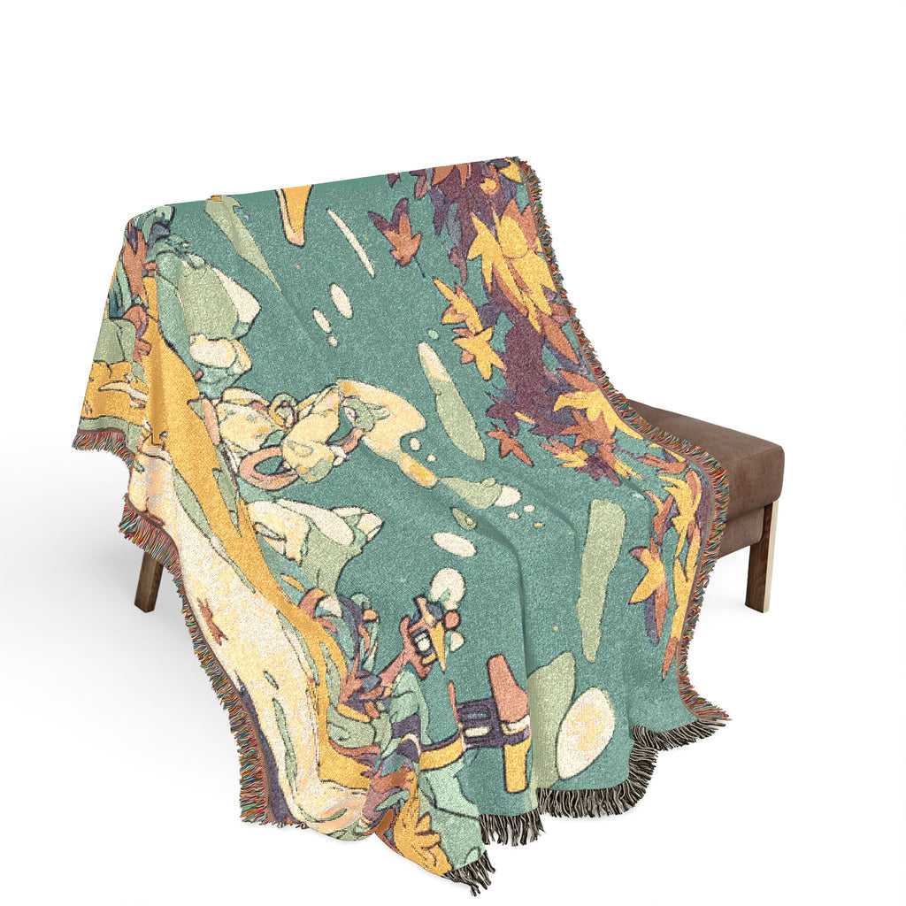 Moss Garden Raker Beneath Maple Leaves Woven Throw Blanket