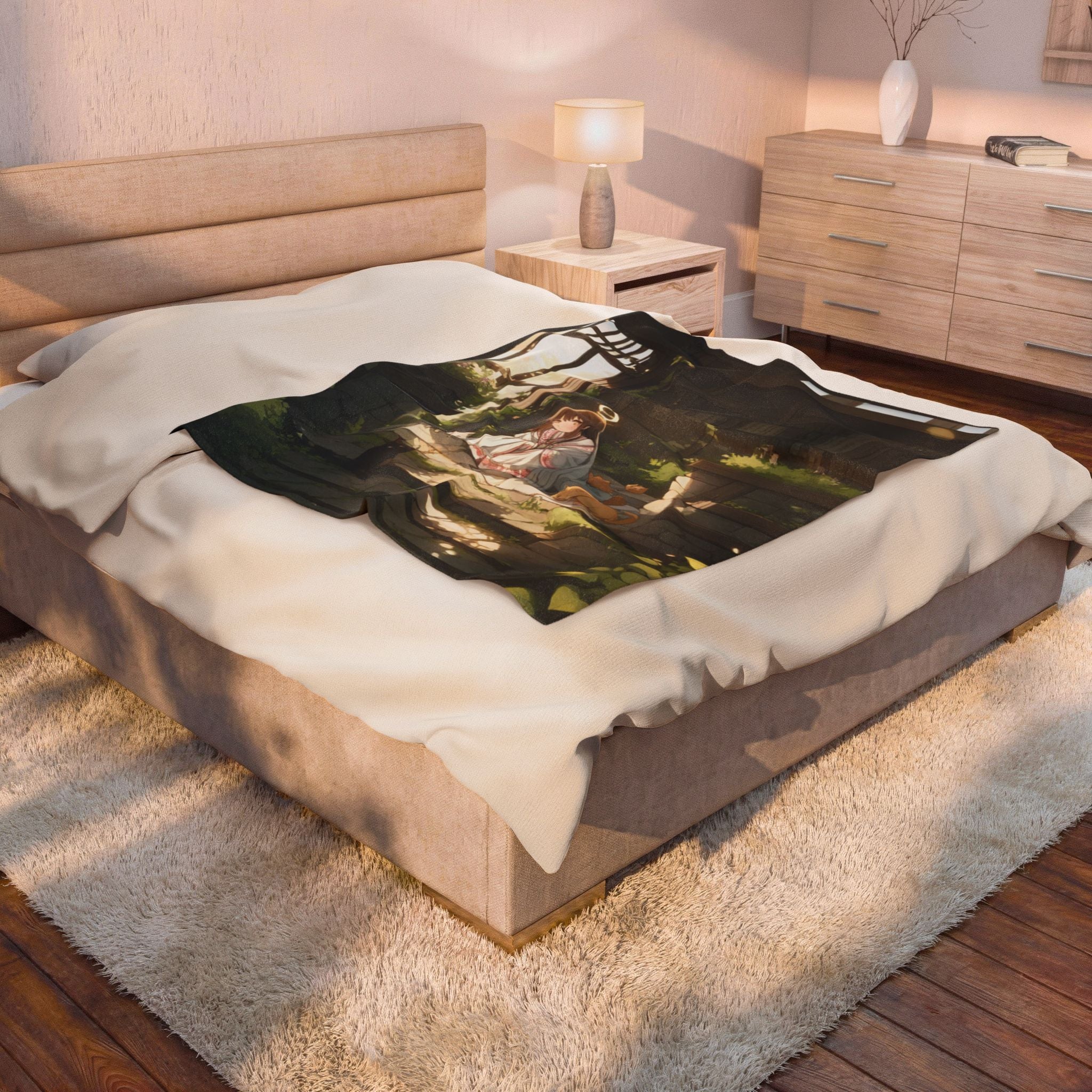 Shrine Maiden With Two Cats on Mossy Shrine Step Throw Blanket