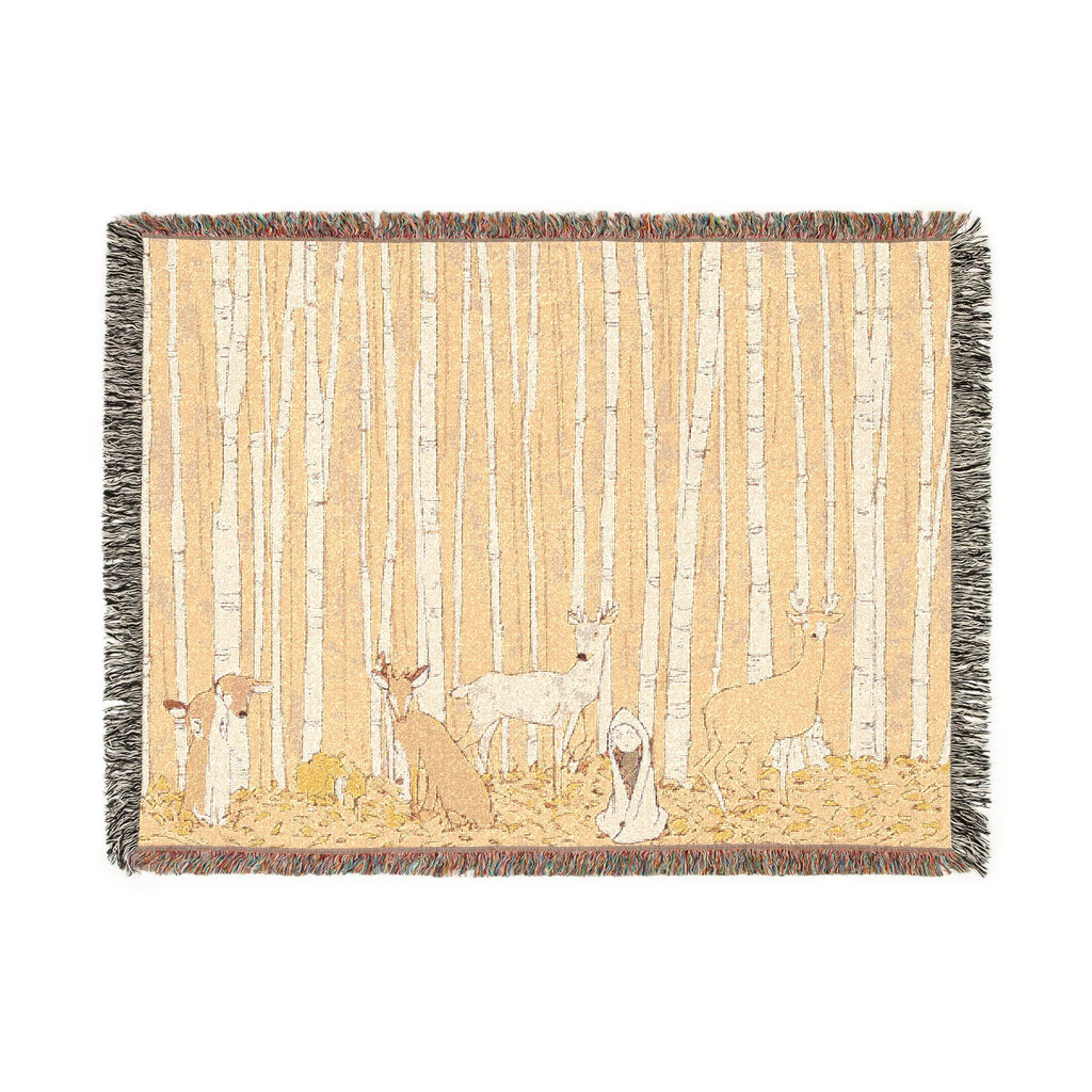 Honey-Raincoat Forager in Birch Forest Woven Throw Blanket