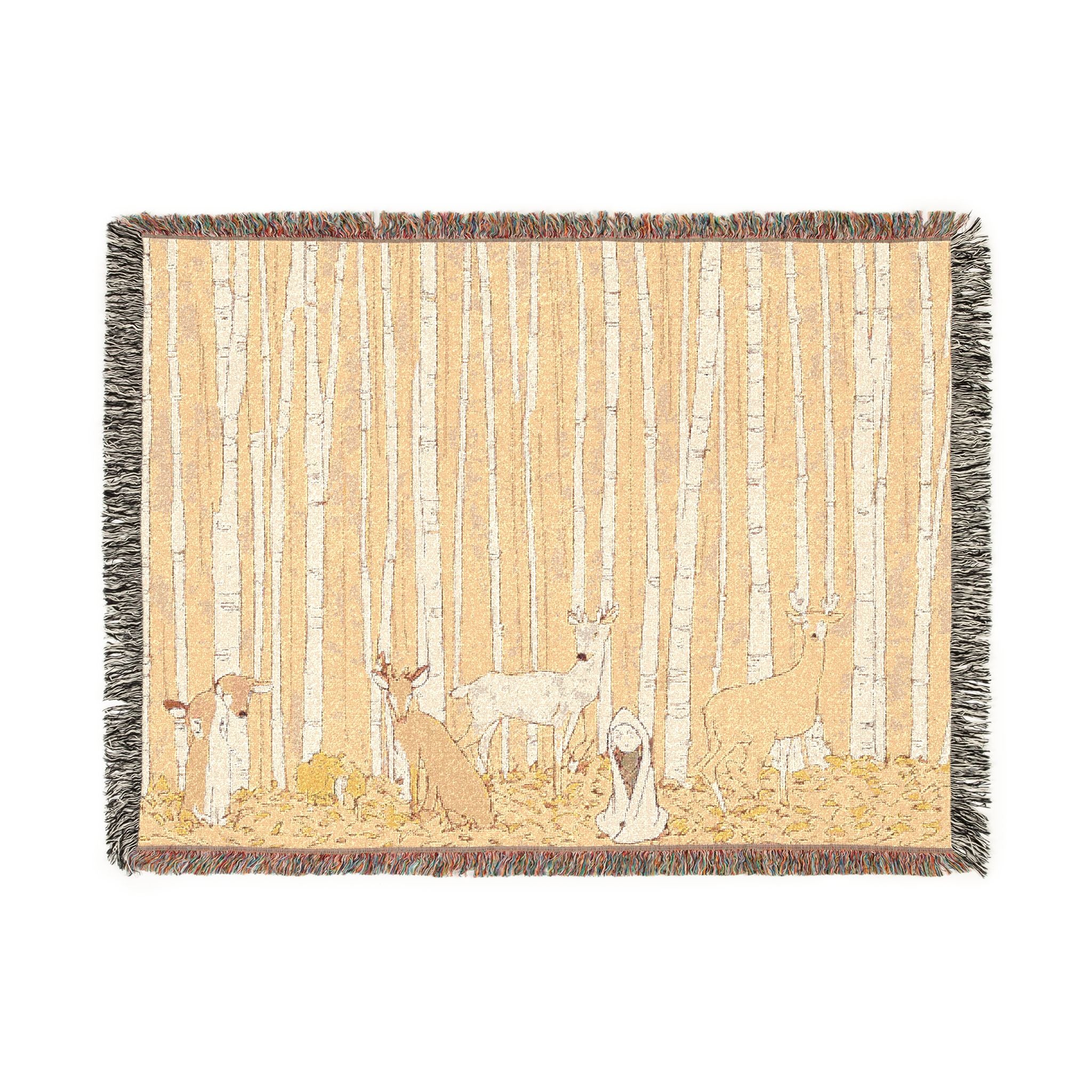 Honey-Raincoat Forager in Birch Forest Woven Throw Blanket