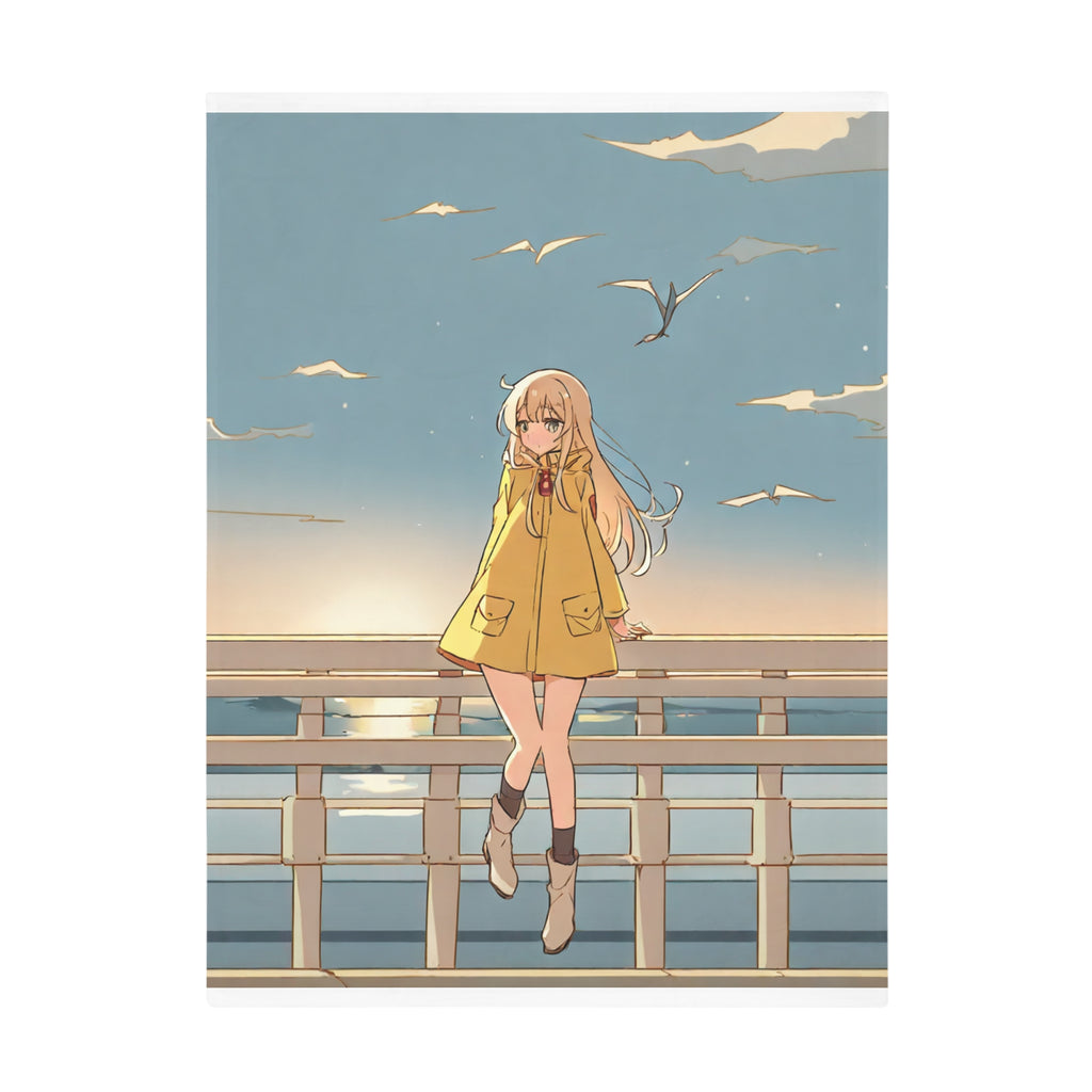Anime girl in yellow raincoat by the sea