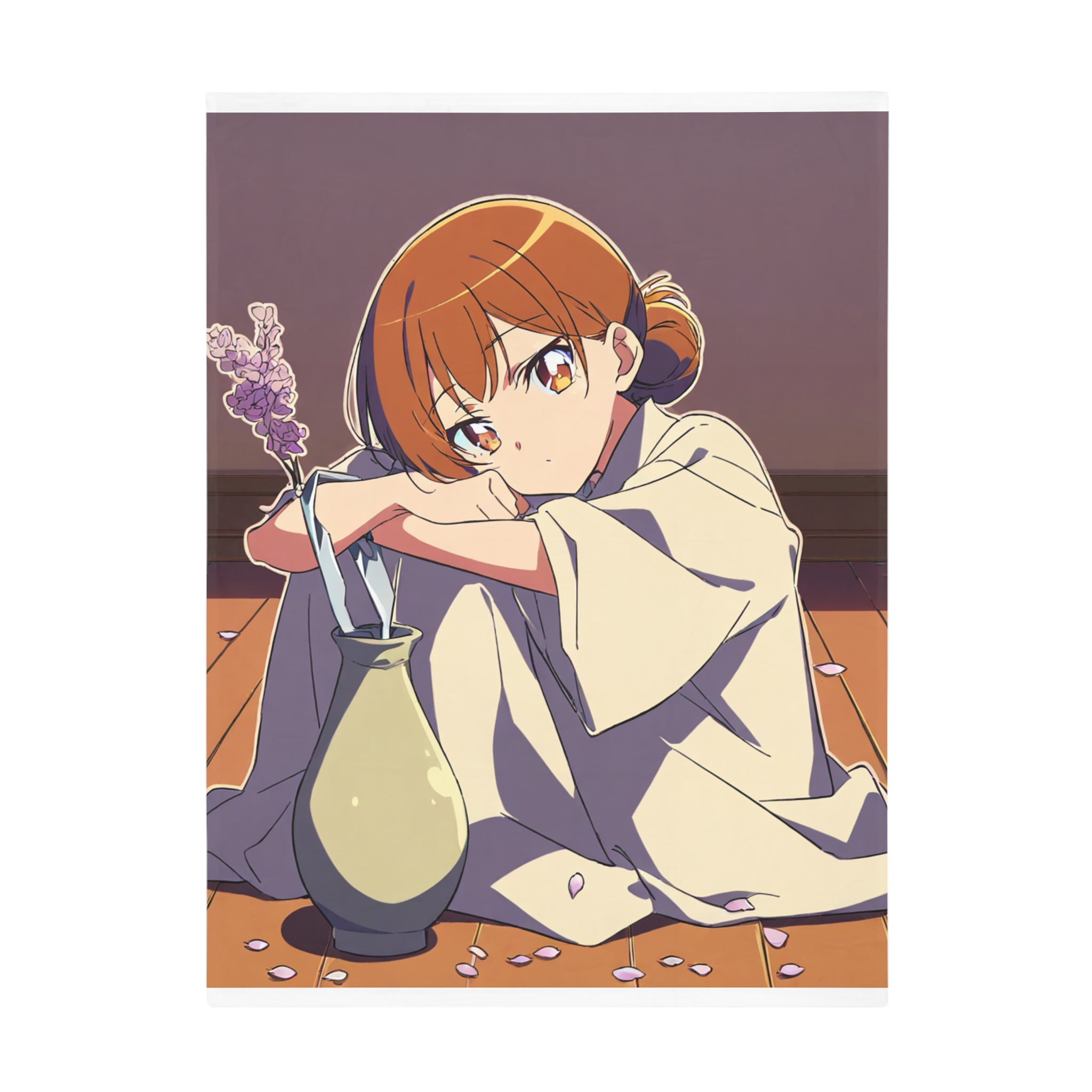 A dried-flower arranger in a beige smock works at a