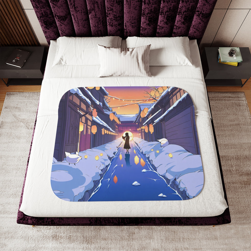 Lantern Vendor on the Frozen Canal Sherpa Throw Blanket