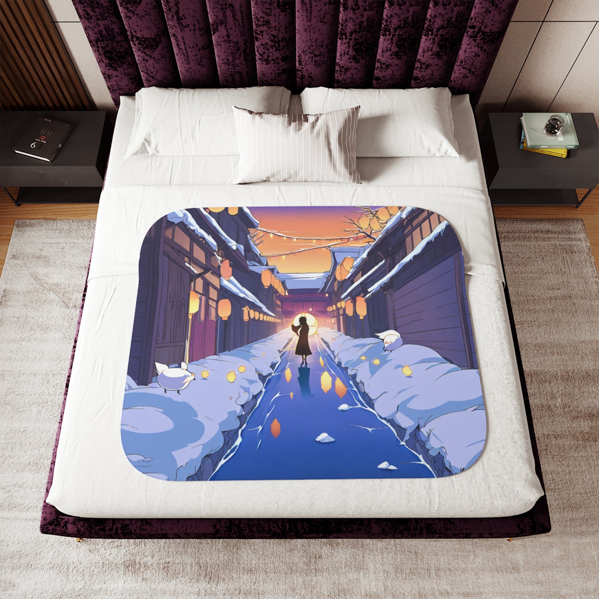 Lantern Vendor on the Frozen Canal Sherpa Throw Blanket
