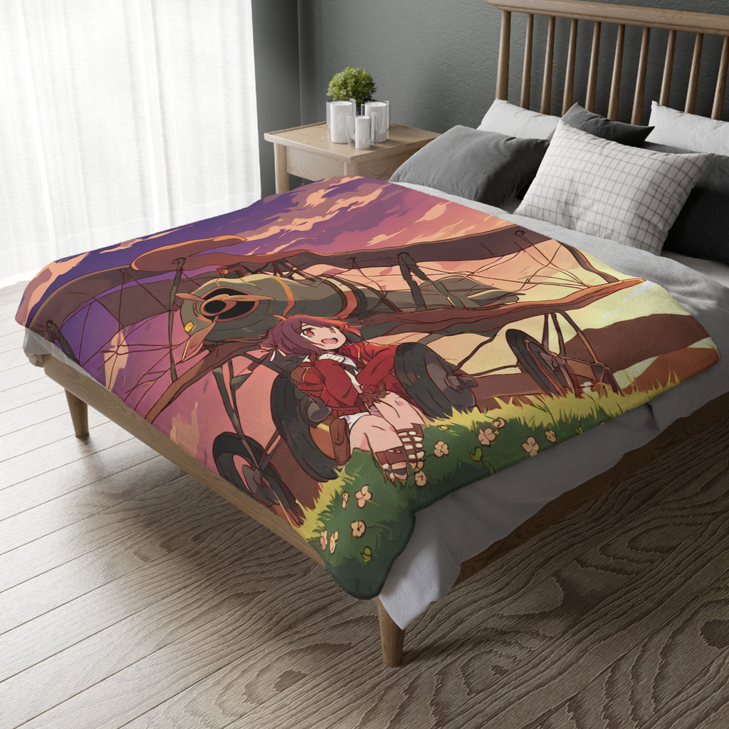 Anime aviator girl by sunset biplane