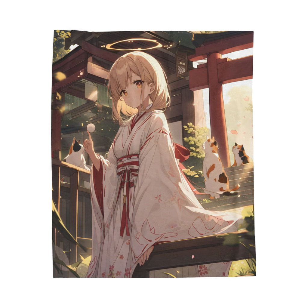 Shrine Maiden and Calico Cat Among Cherry Blossoms Throw Blanket