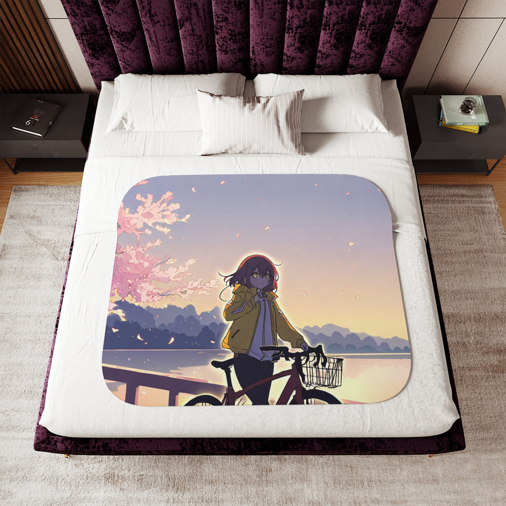 Anime cyclist beneath cherry blossoms