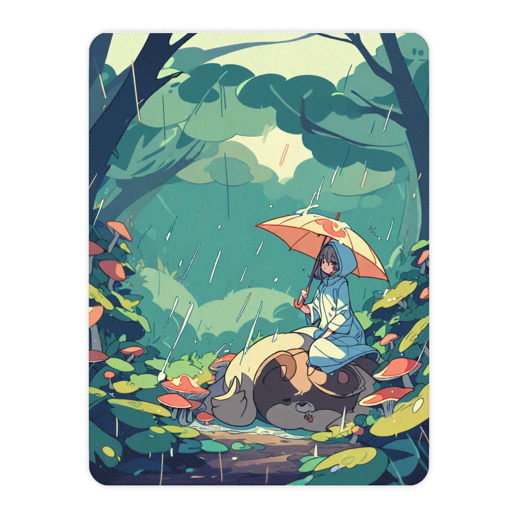 Mushroom Raincoat Girl Beside Sleeping Tanuki Sherpa Throw Blanket