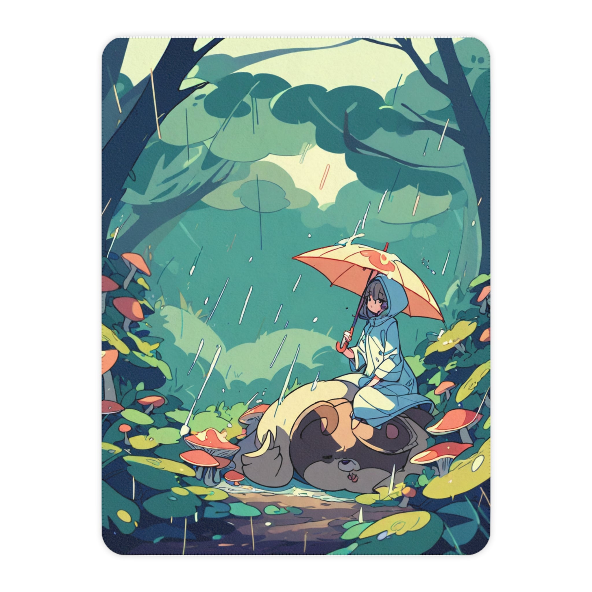 Mushroom Raincoat Girl Beside Sleeping Tanuki Sherpa Throw Blanket