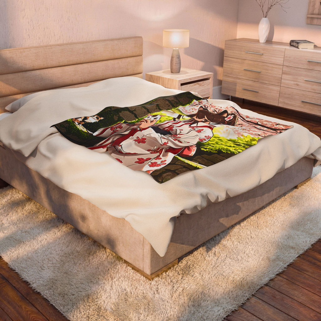 Anime Girl in Cherry Blossom Yukata with Calico Cat Garden Throw