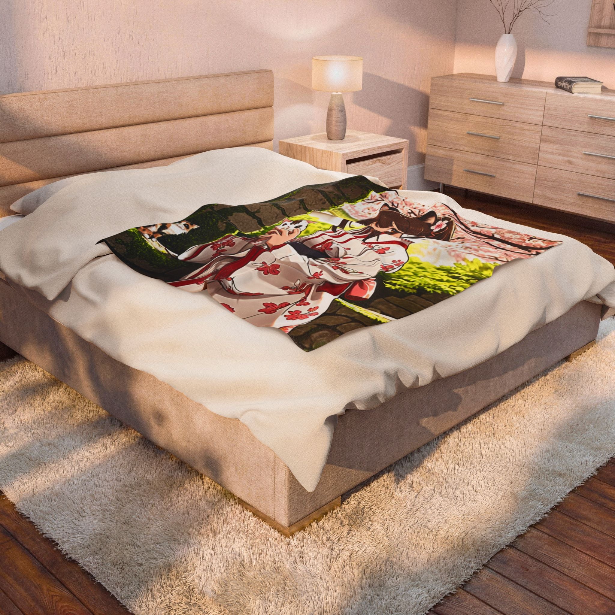 Anime Girl in Cherry Blossom Yukata with Calico Cat Garden Throw