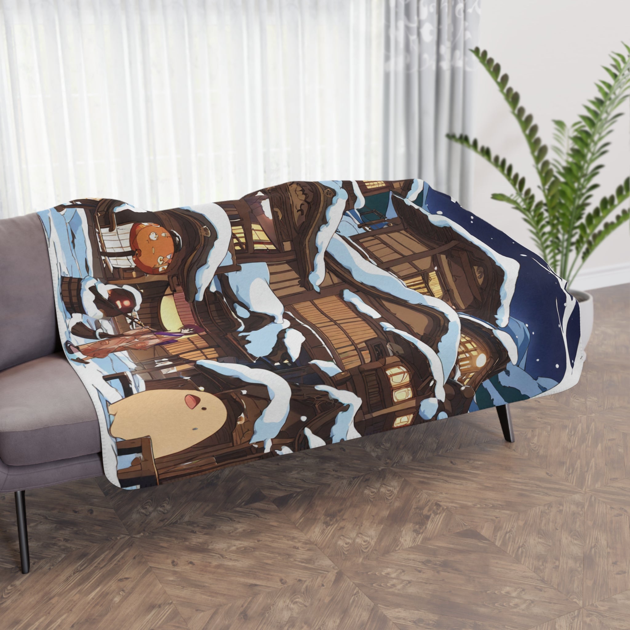 Onsen Visitor Crossing Snow-Dusted Bridge Sherpa Throw Blanket