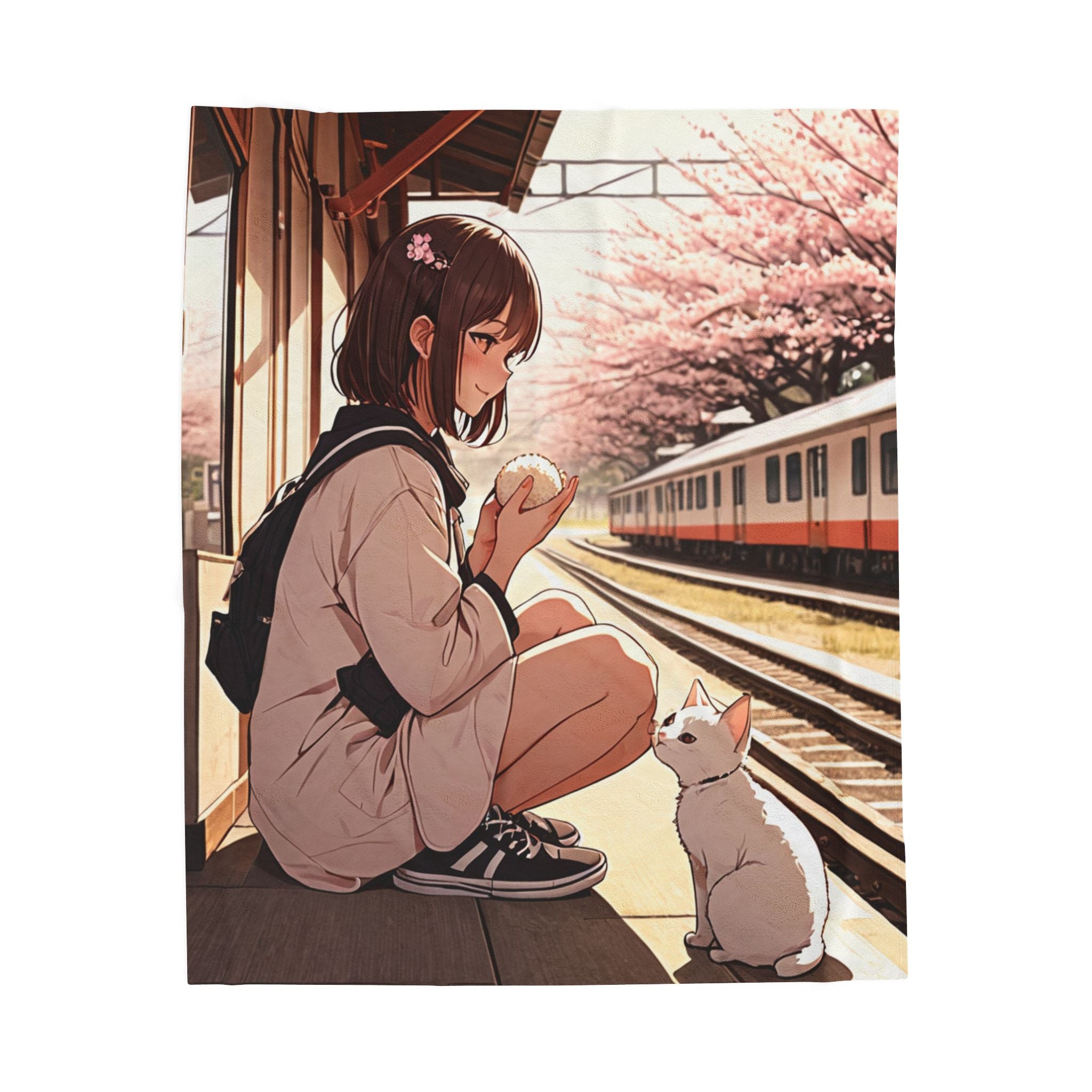 Traveler Girl Sharing Rice Ball With Stray Cat Throw Blanket