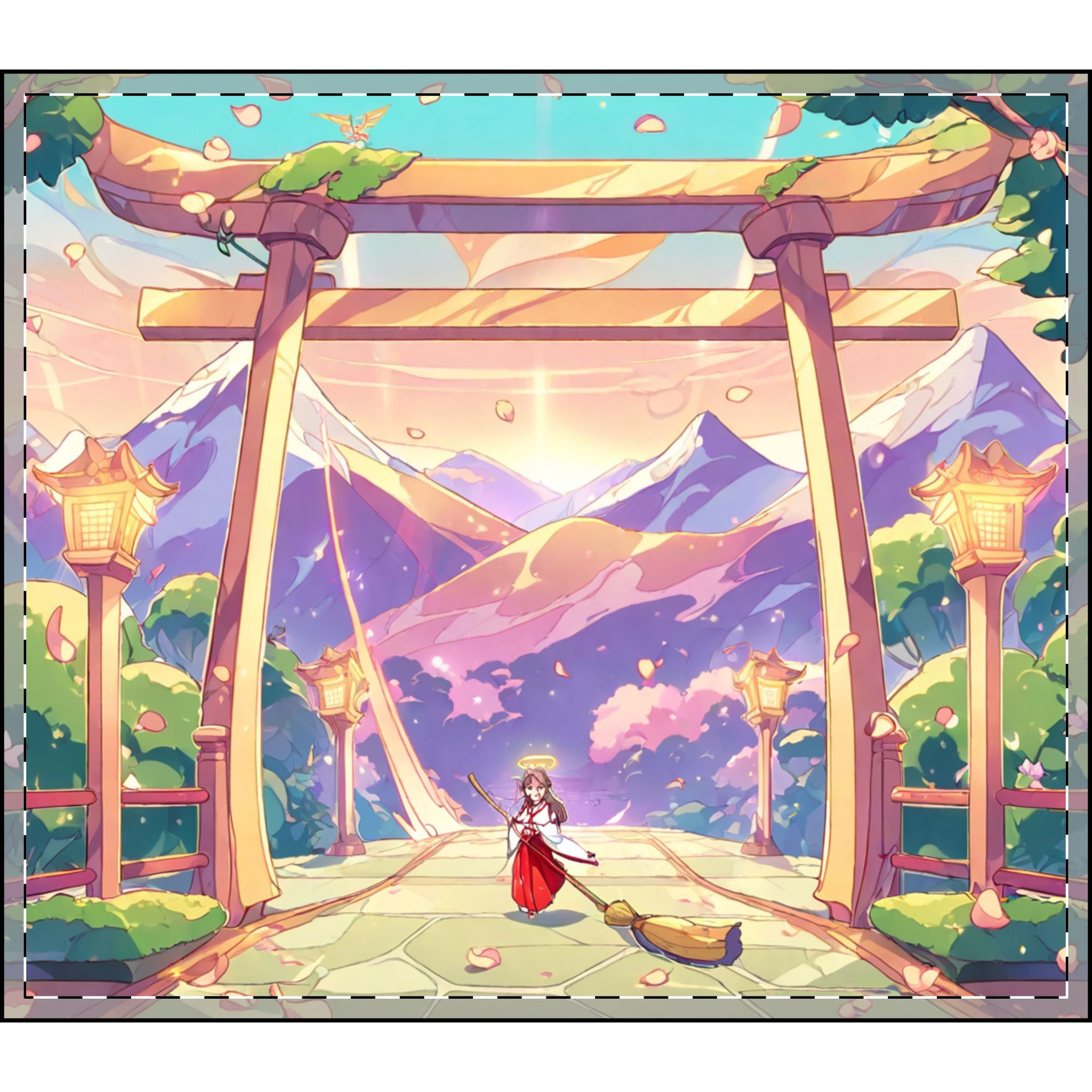 Shrine Maiden Sweeping Camellia Petals at Dawn Velveteen Throw Blanket