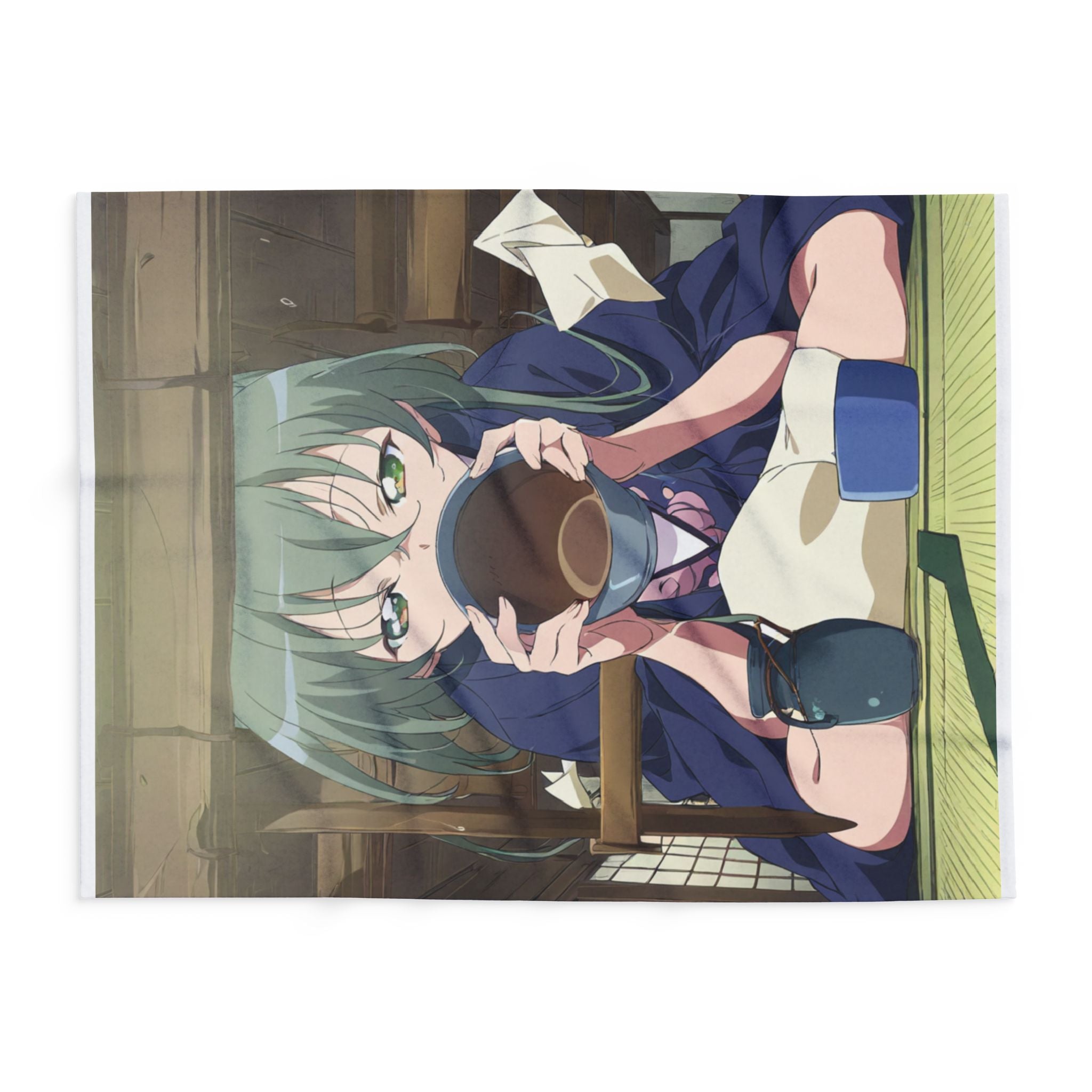 A paper-umbrella mender in an indigo smock sits cross-legged in
