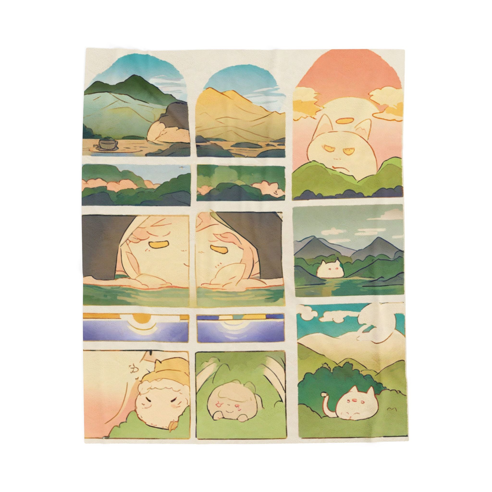 Mountain Onsen Cat and Traveler Resting Throw Blanket