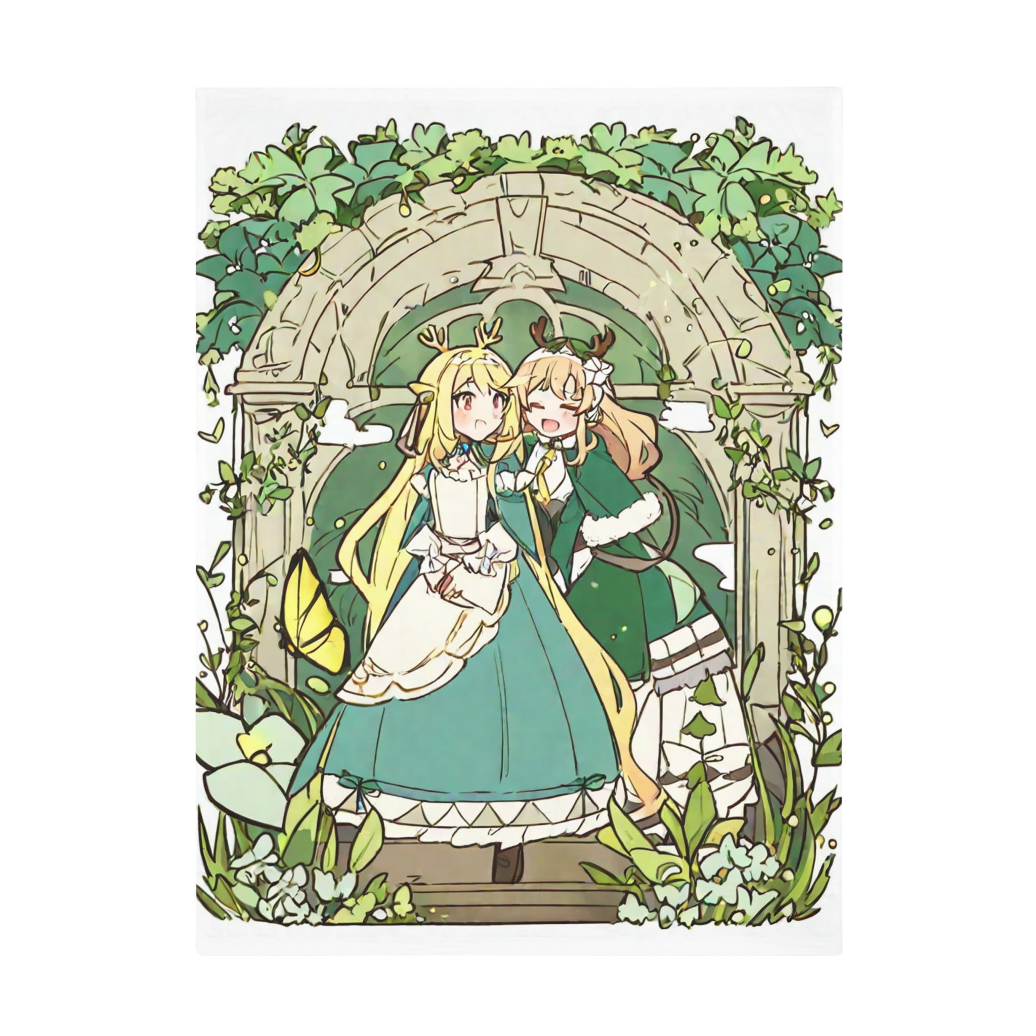 Anime girls beneath a leafy garden arch
