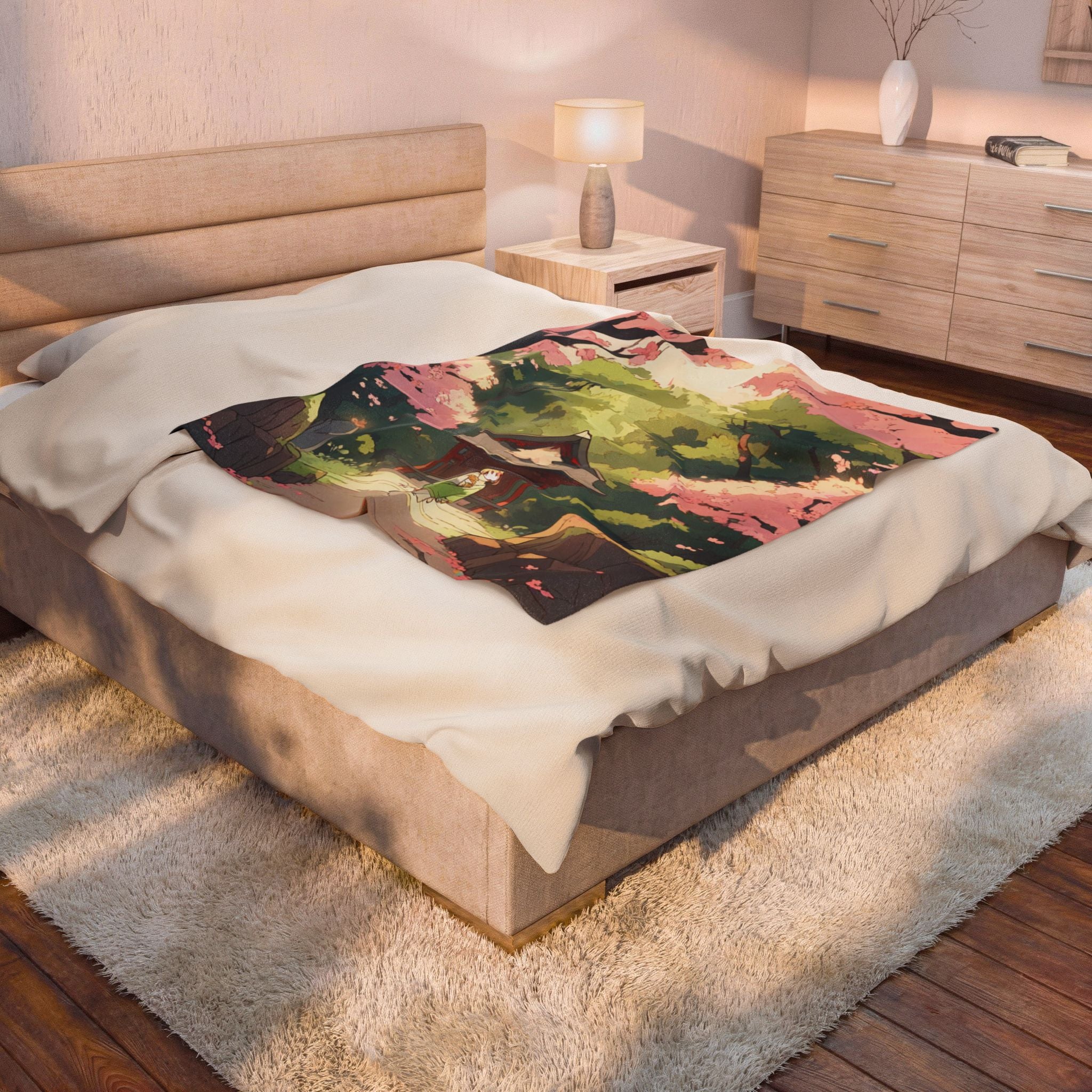 Forest Spirit Shrine Cat Among Cherry Blossoms Throw Blanket