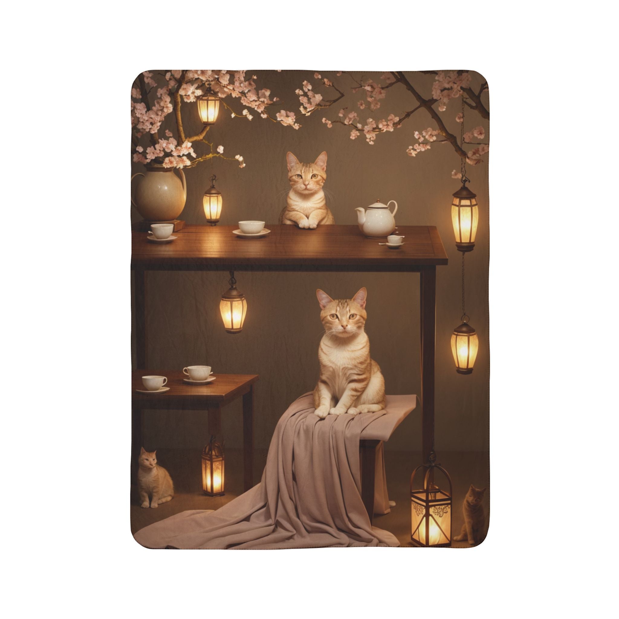 Serene cats in a cherry blossom tea setting