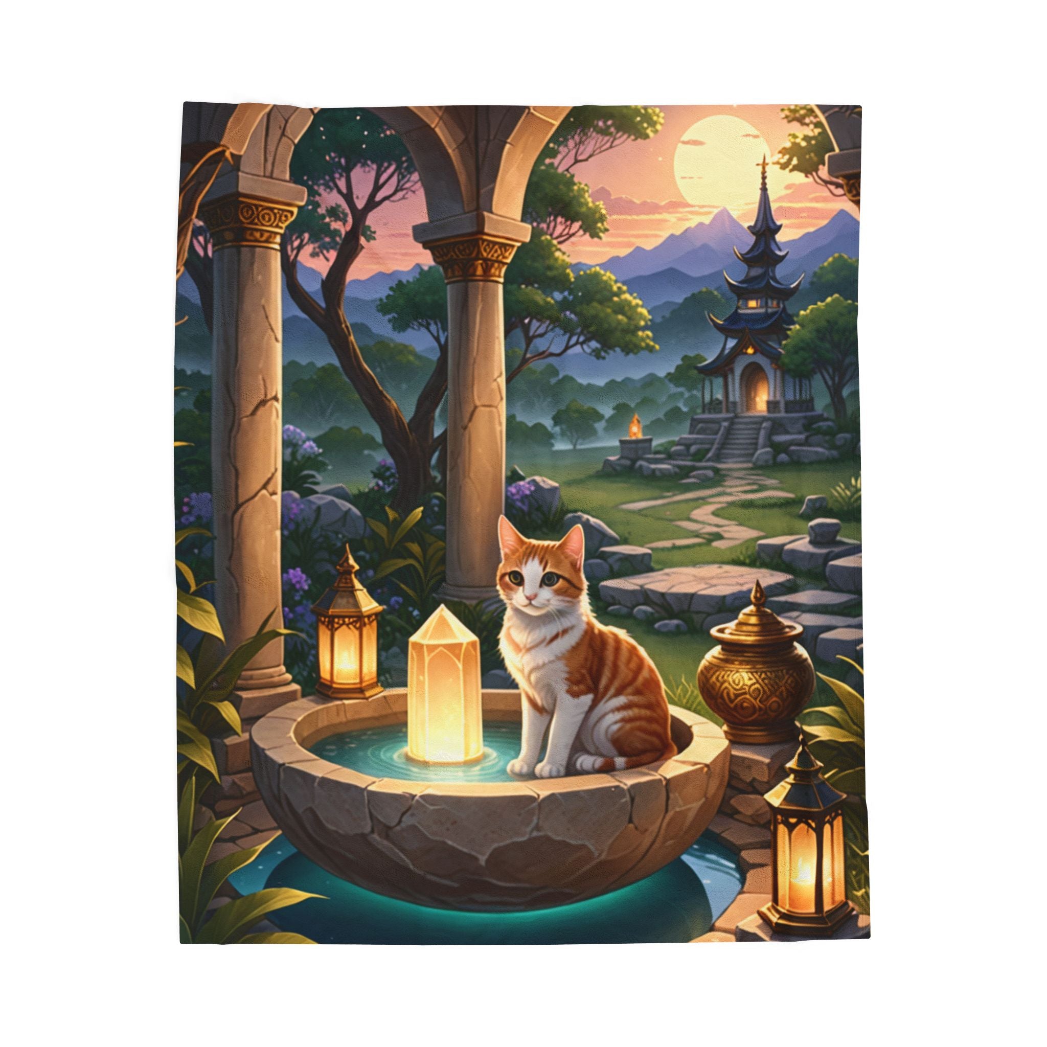 Enchanted Shrine Cat Stone Velveteen Throw Blanket