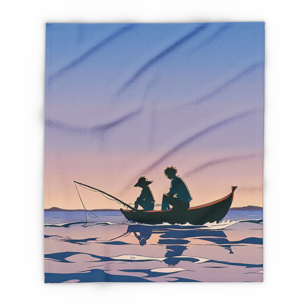 Two figures fishing at sunset