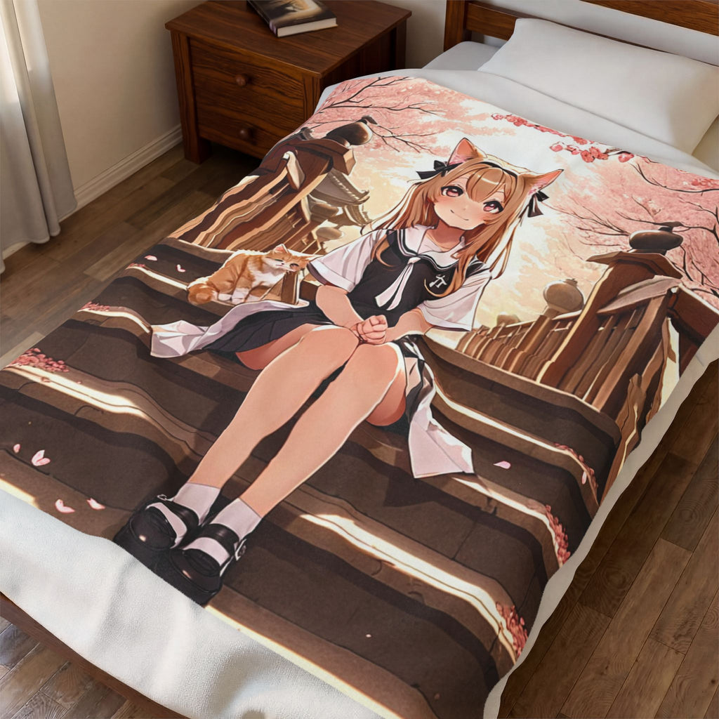 Anime Schoolgirl and Tabby Cat at Cherry Blossom Shrine Throw Blanket