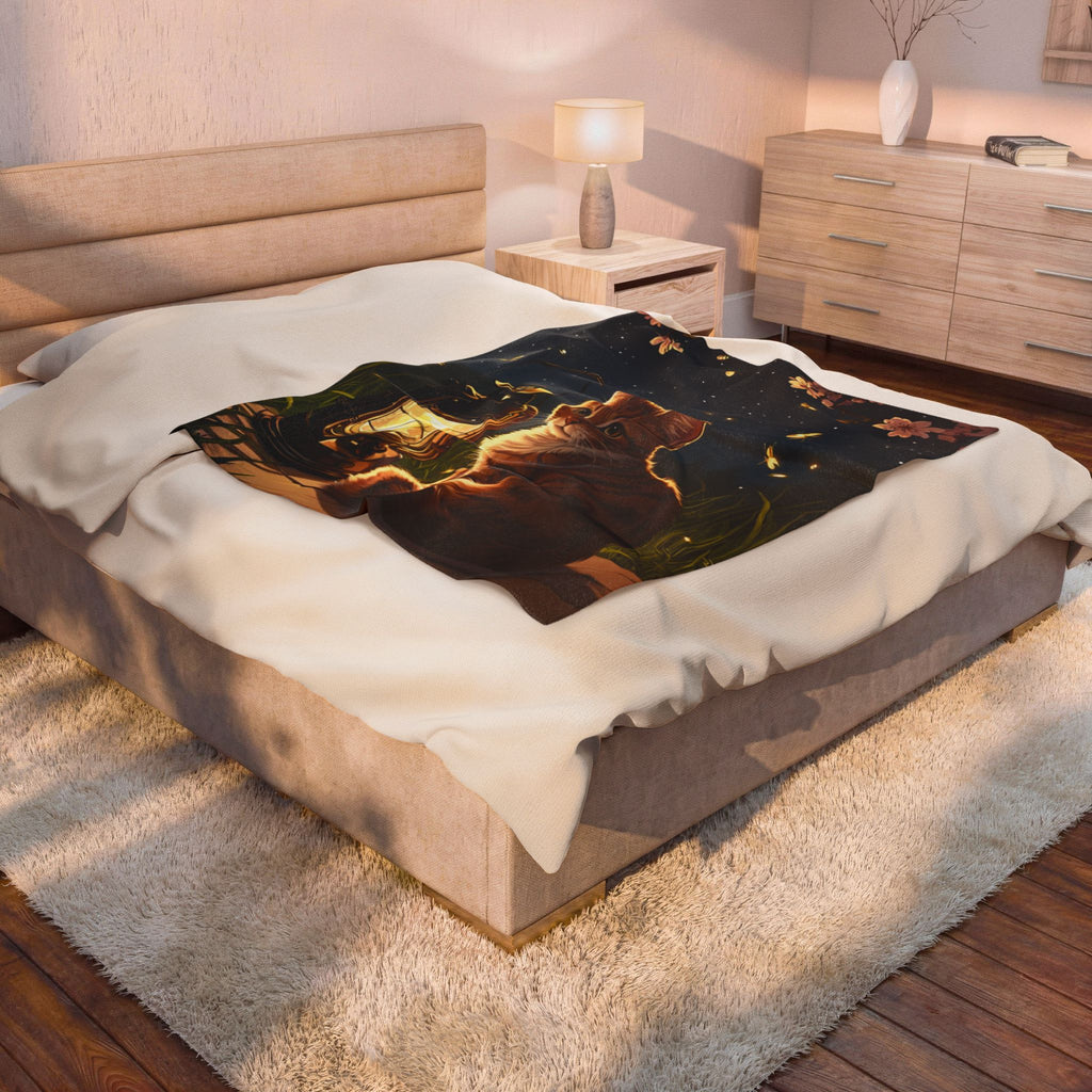 Cat Fireflies Rise Garden Velveteen Throw Blanket