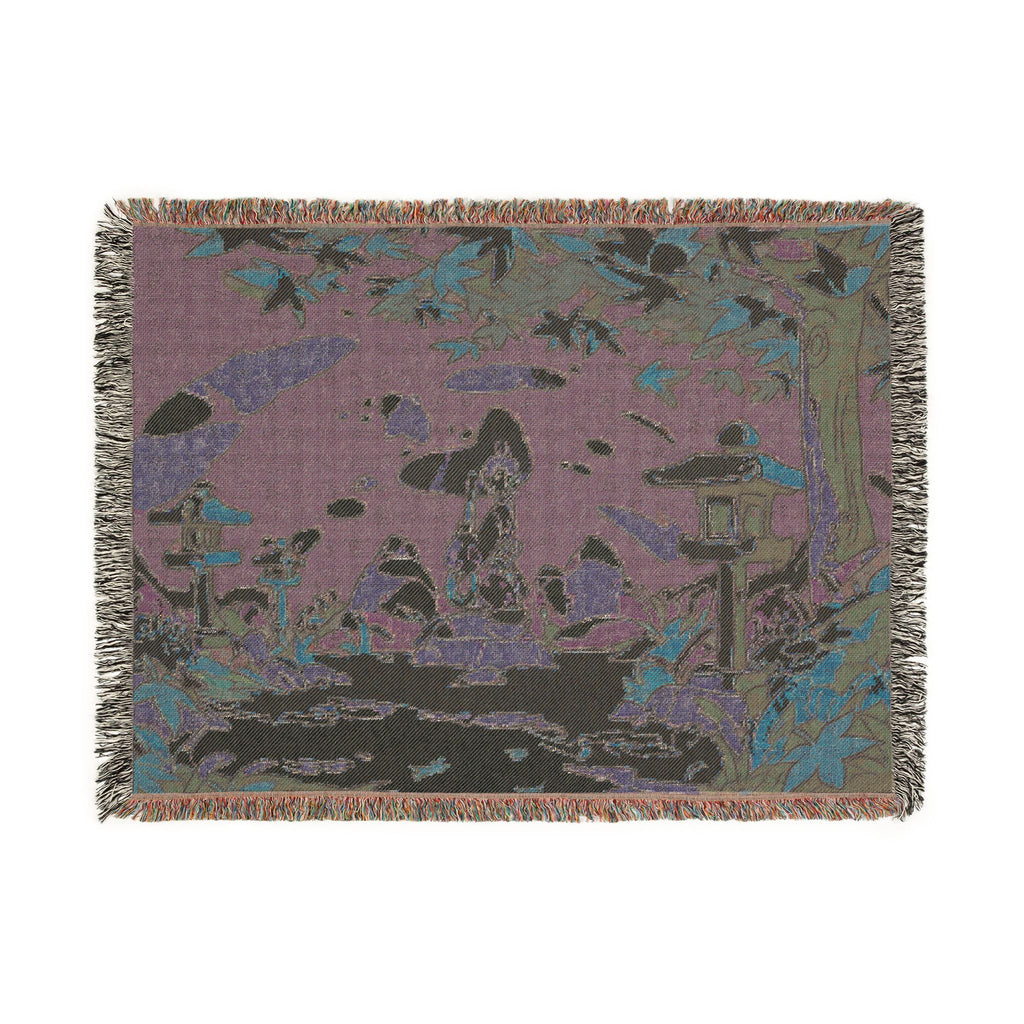 Moss Garden Raker Beneath Maple Leaves Woven Throw Blanket