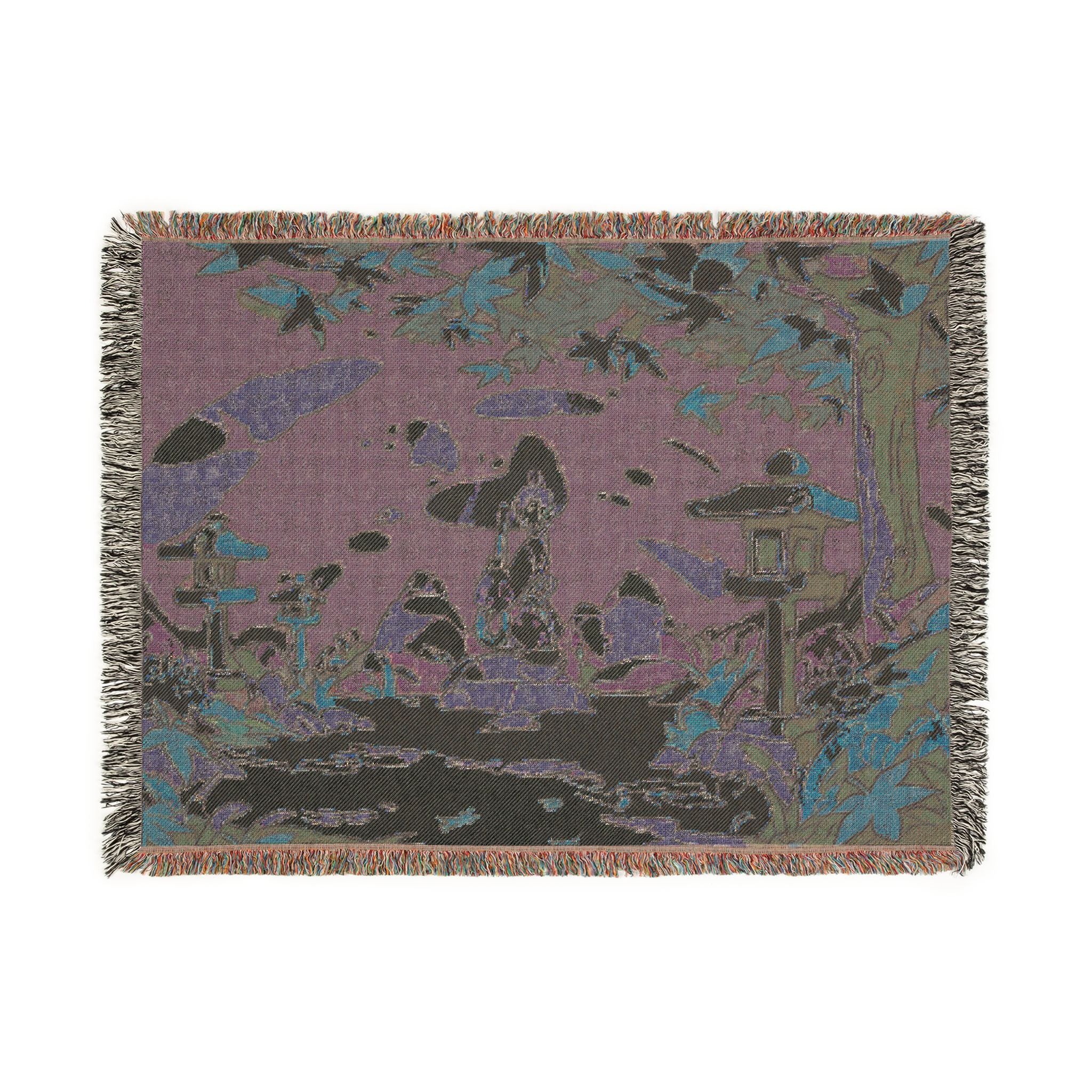 Moss Garden Raker Beneath Maple Leaves Woven Throw Blanket