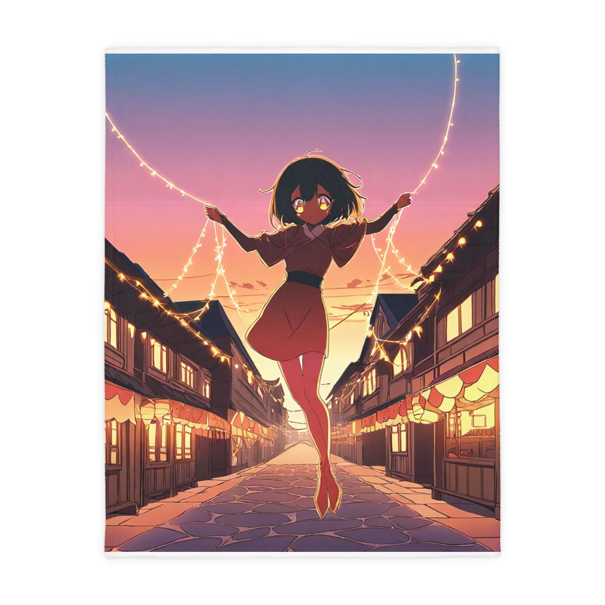 Anime girl beneath glowing village lights