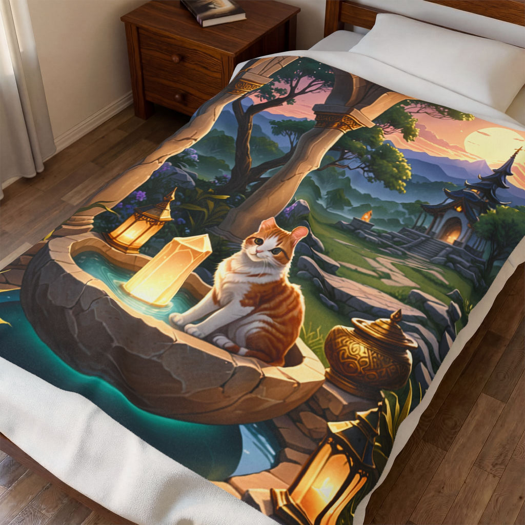 Enchanted Shrine Cat Stone Velveteen Throw Blanket