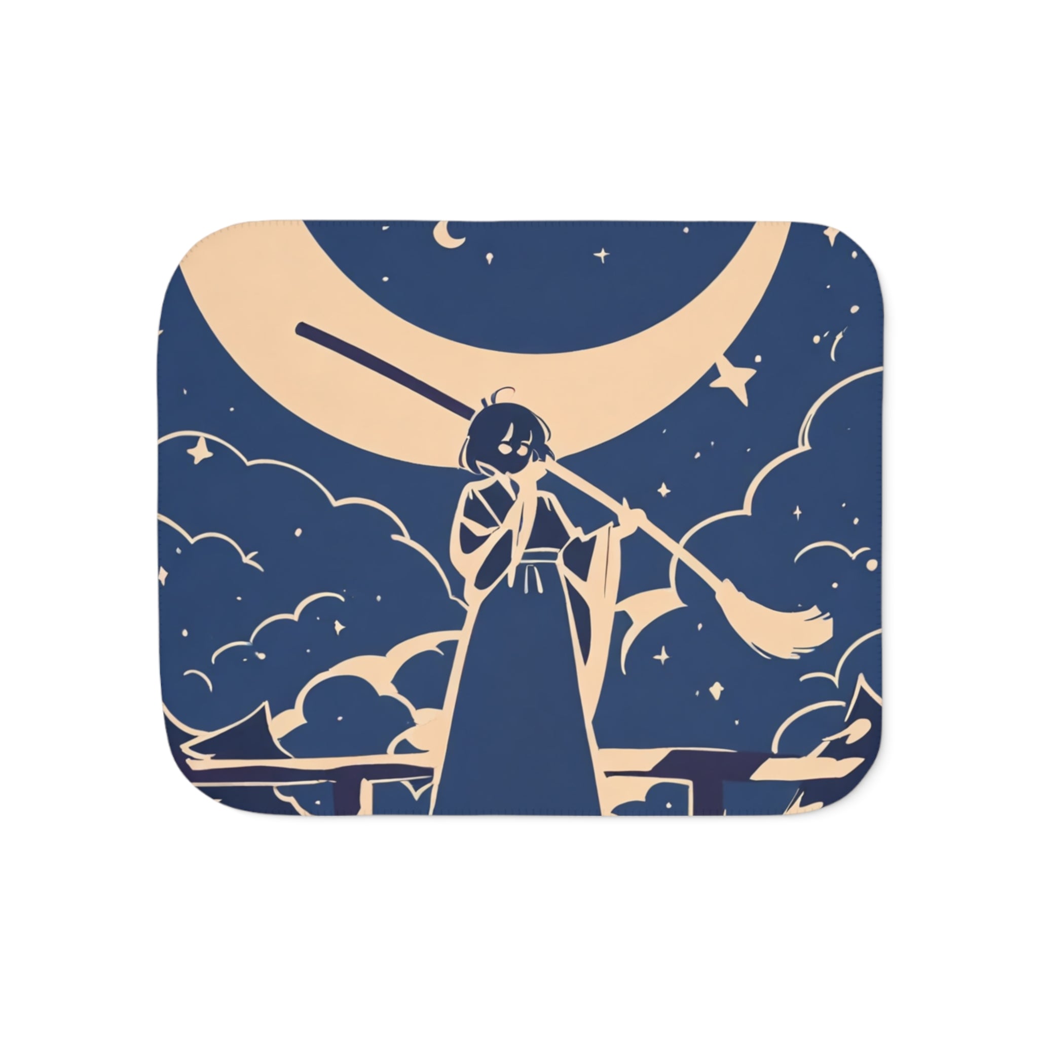 A moon-viewing platform sweeper in an indigo hakama leans on