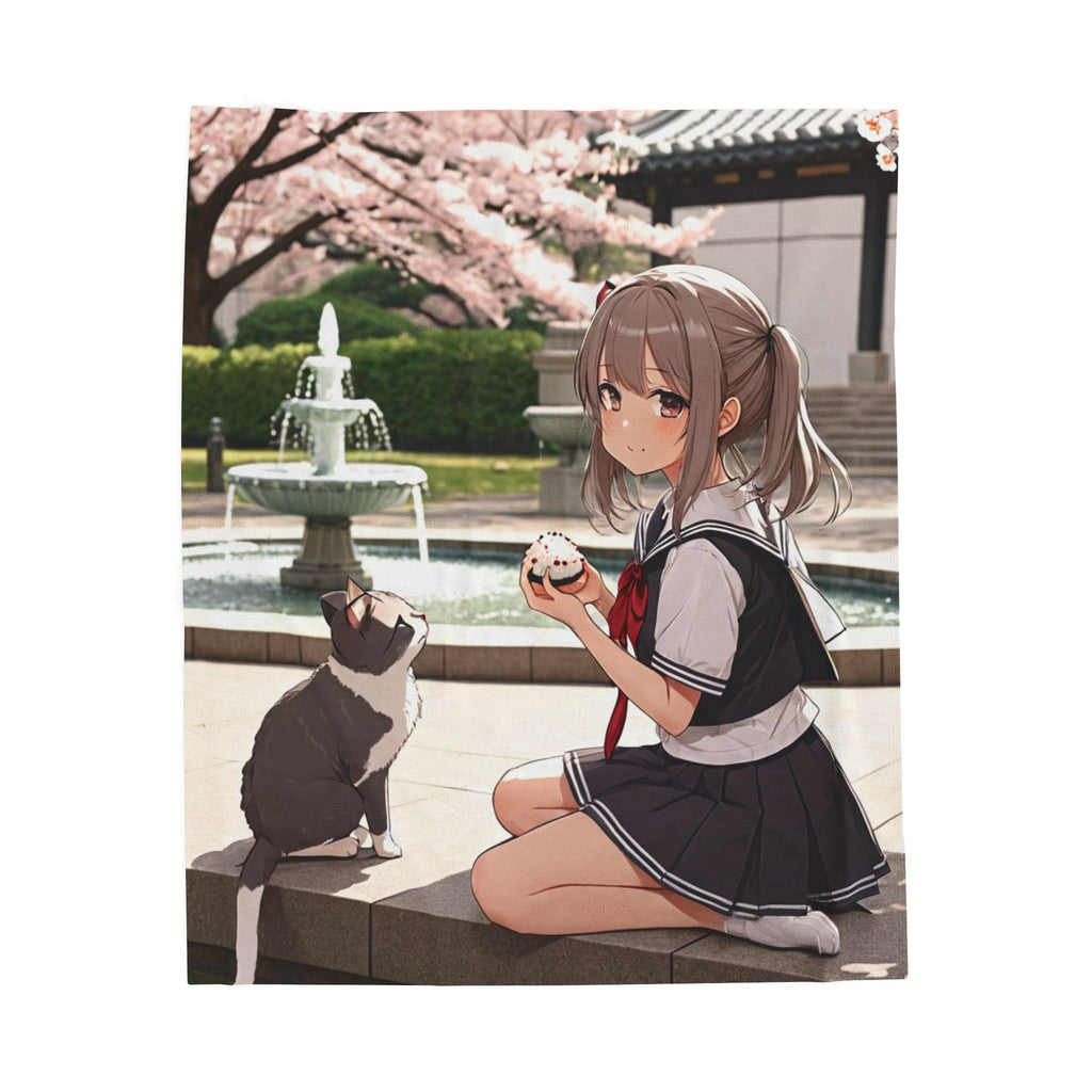 Anime Schoolgirl & Gray Cat Sharing Onigiri at Park Fountain Throw