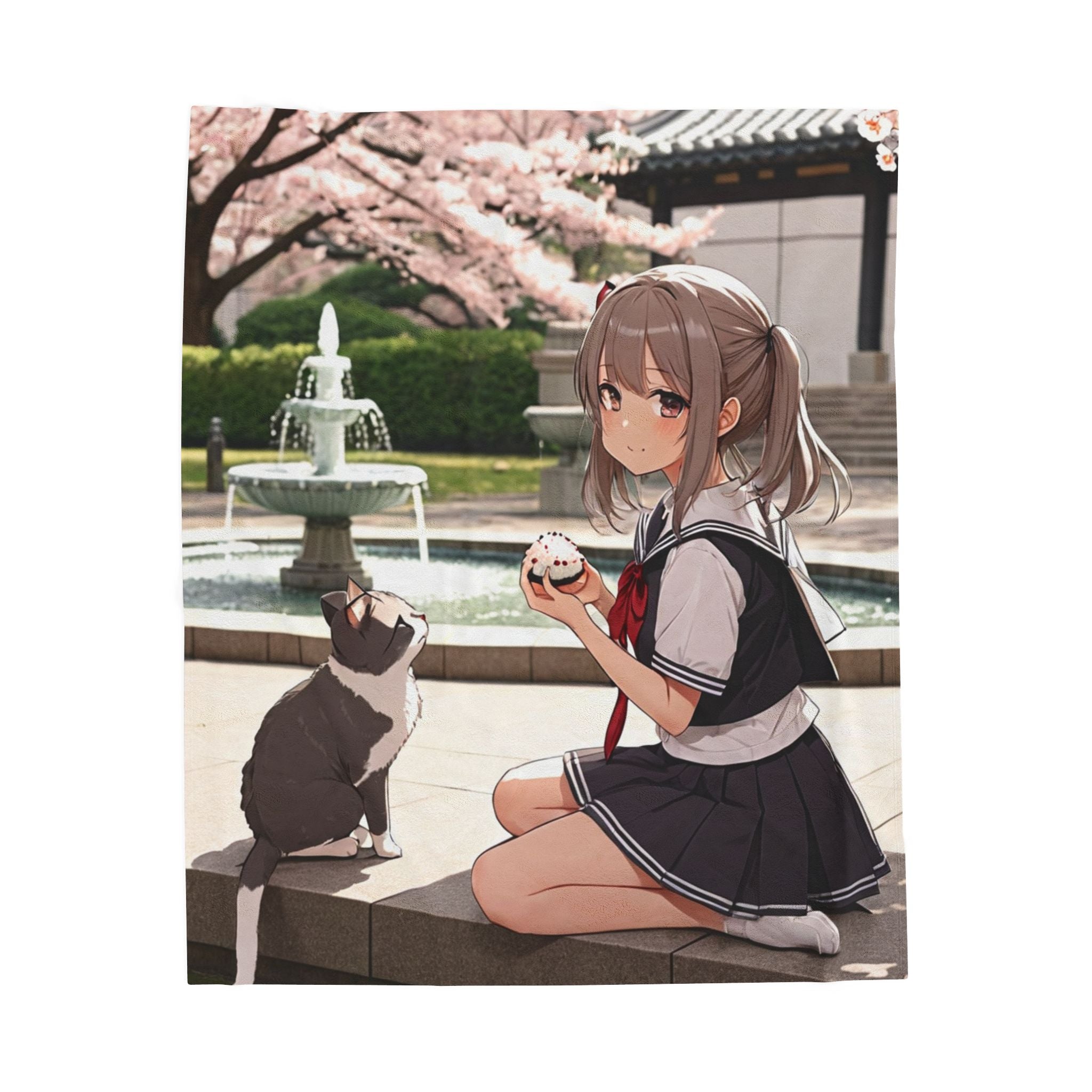 Anime Schoolgirl & Gray Cat Sharing Onigiri at Park Fountain Throw