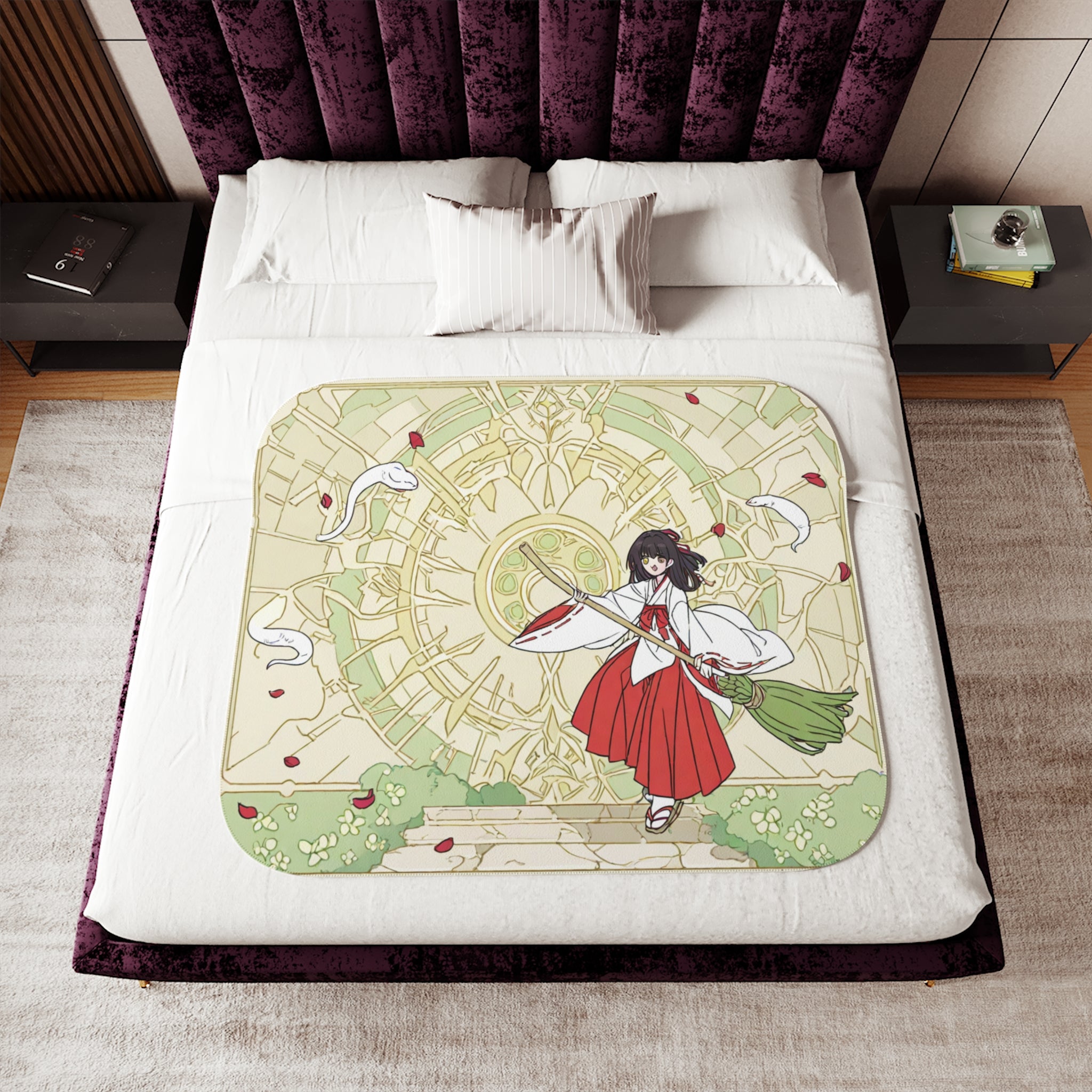 Shrine Maiden in Vermillion Hakama Sherpa Throw Blanket