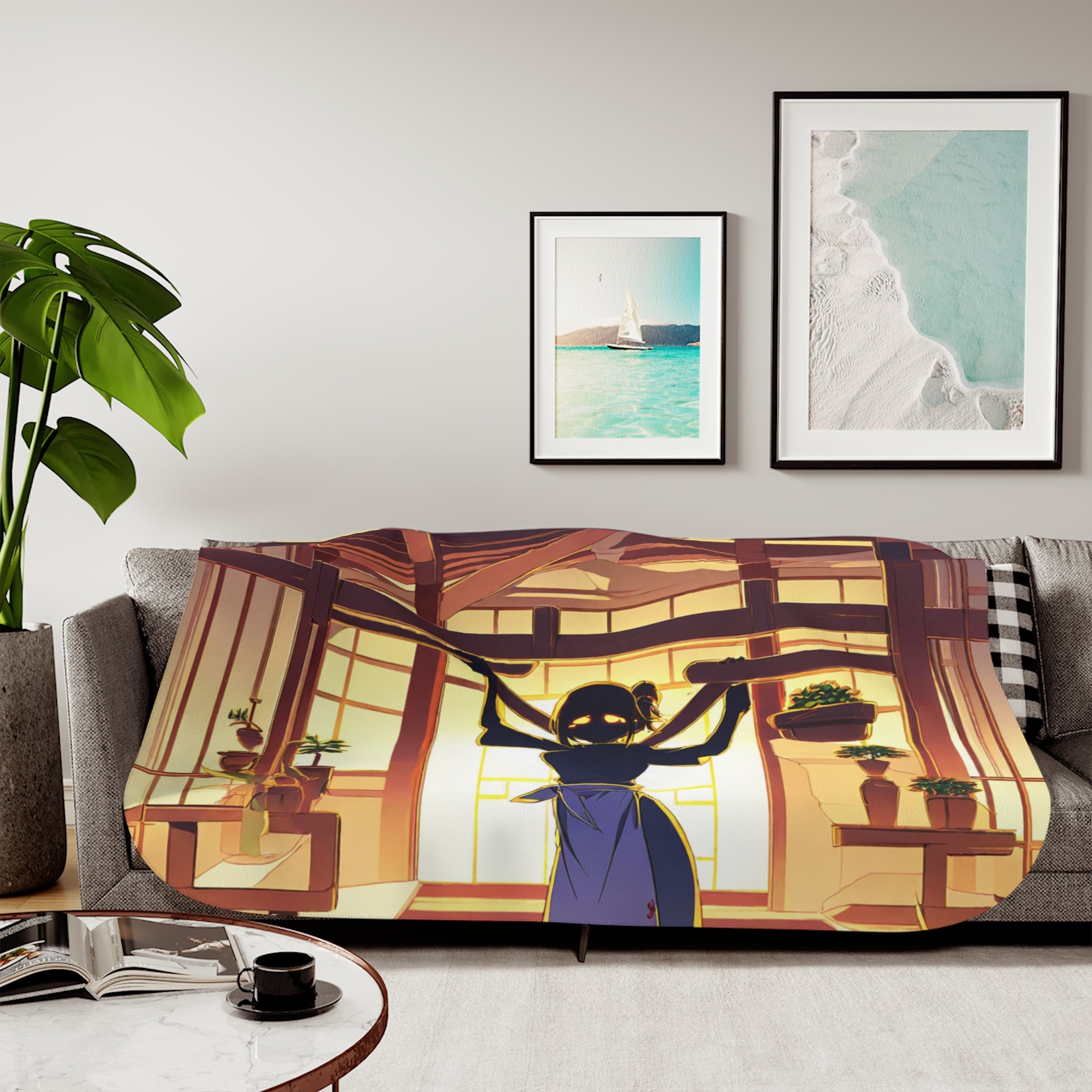 Rice Paper Merchant in Sunlit Courtyard Velveteen Throw Blanket