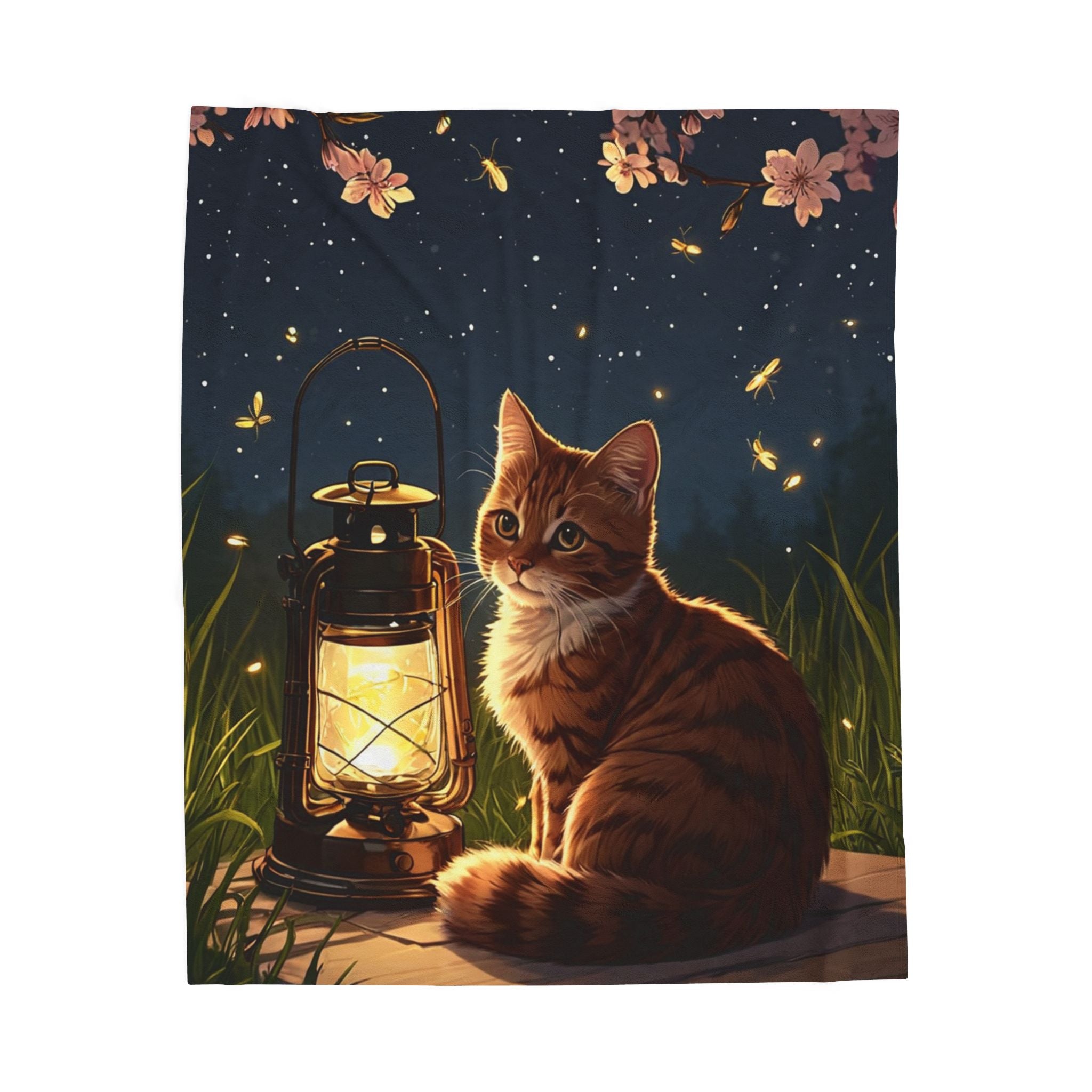 Cat Fireflies Rise Garden Velveteen Throw Blanket