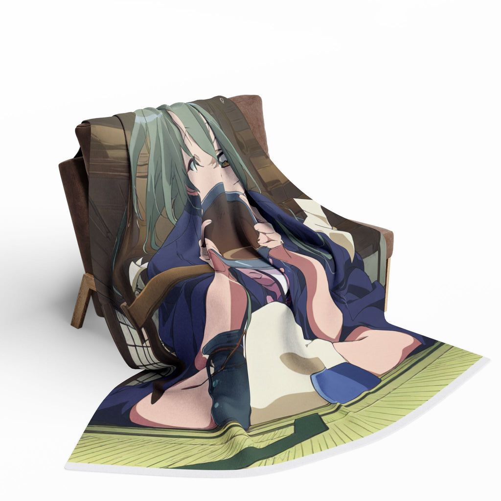 A paper-umbrella mender in an indigo smock sits cross-legged in