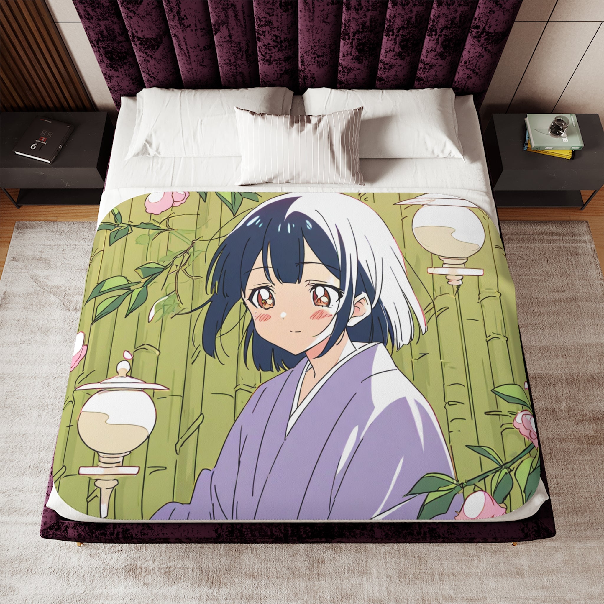 Tea Ceremony Student in Morning Garden Velveteen Throw Blanket