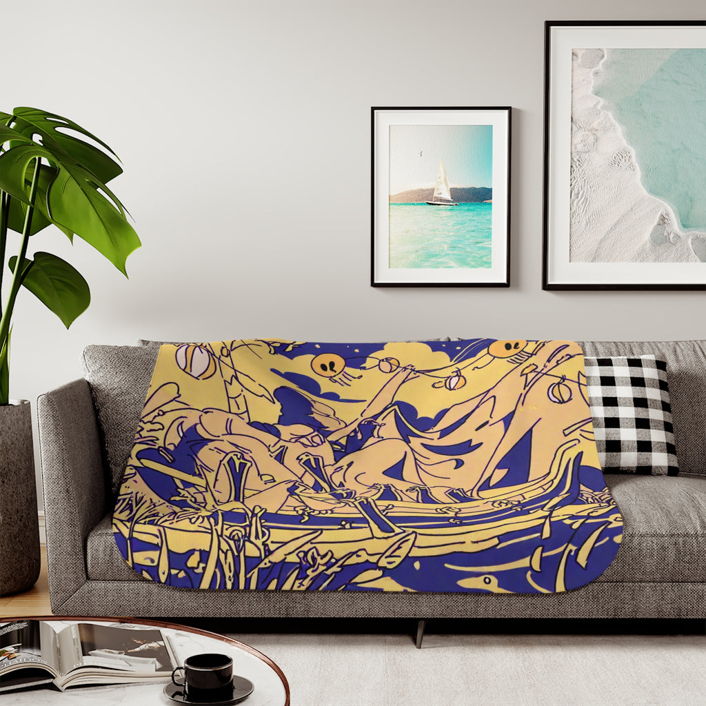 Wandering Musician on the Riverbank Sherpa Throw Blanket