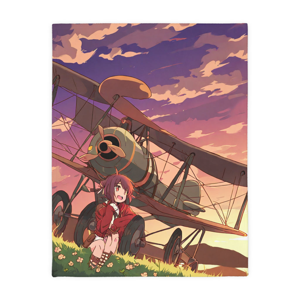 Anime aviator girl by sunset biplane
