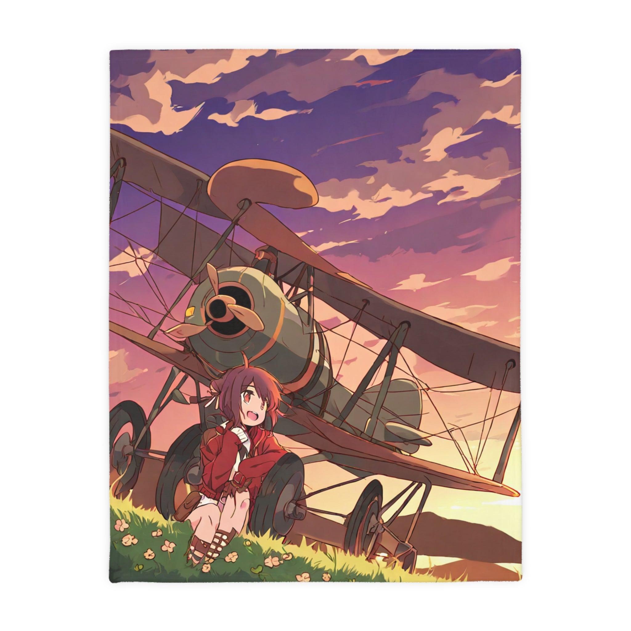 Anime aviator girl by sunset biplane