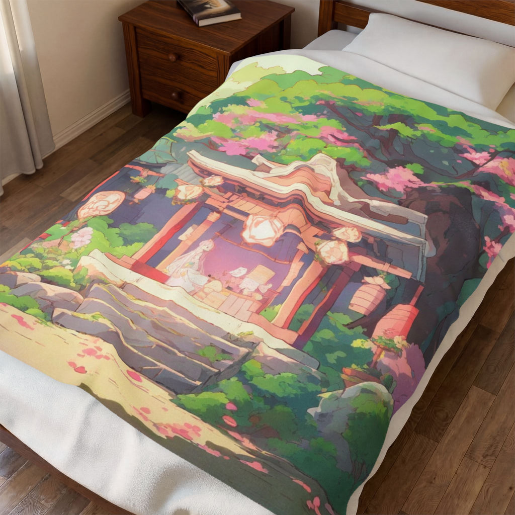Fox Spirit in Mossy Shrine Garden Throw Blanket