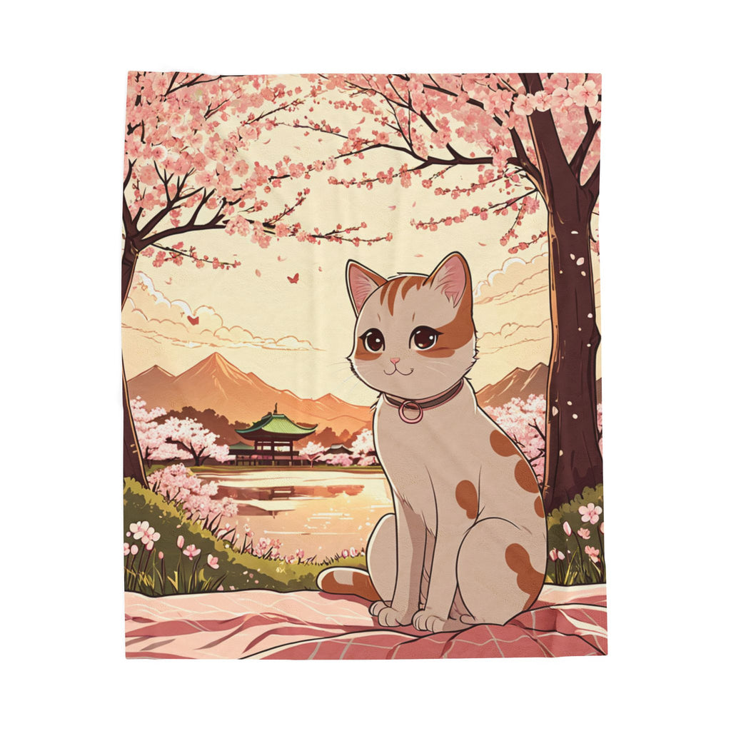 Cherry Blossom Hanami Cat Velveteen Throw Blanket