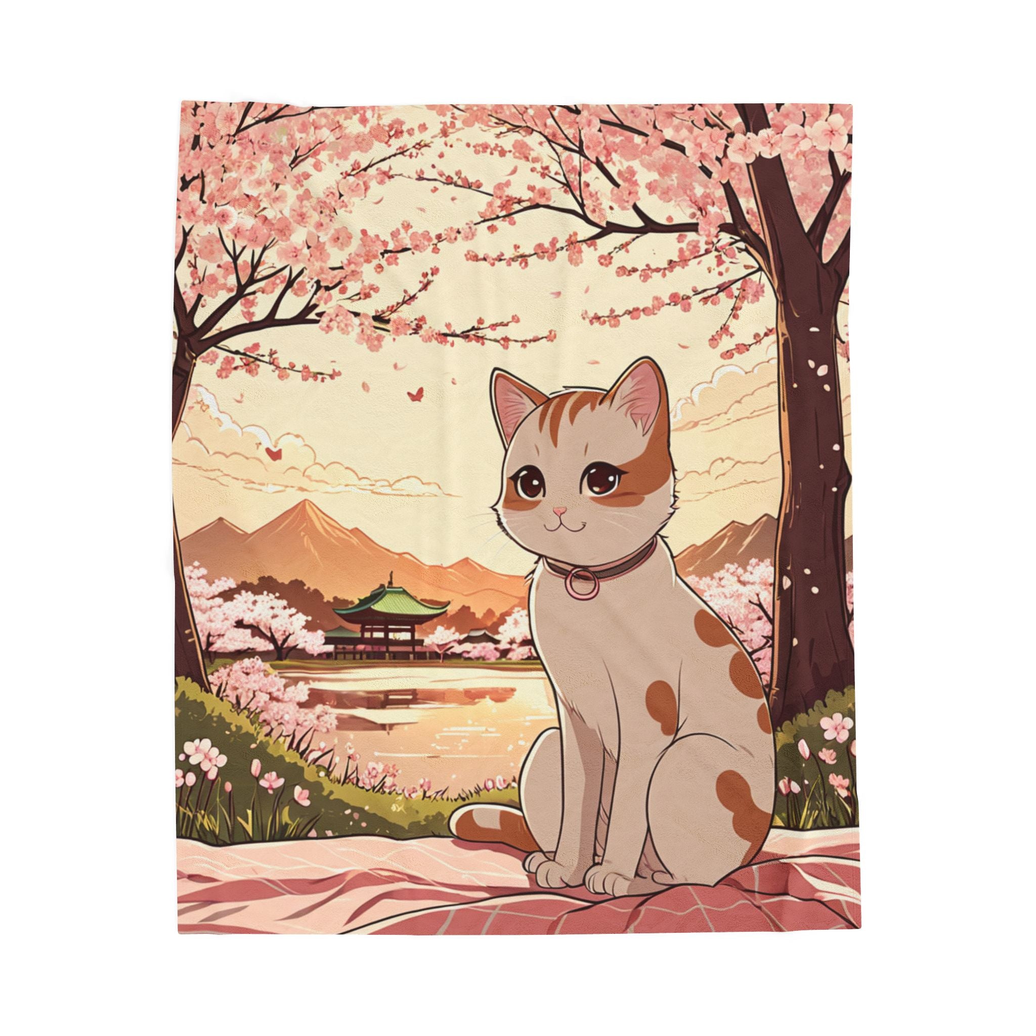 Cherry Blossom Hanami Cat Velveteen Throw Blanket