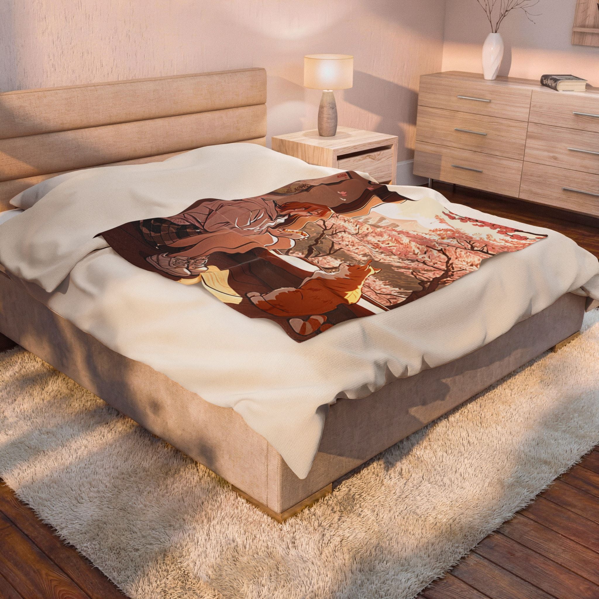 Anime Girl Sharing Snacks With Ginger Cat Throw Blanket